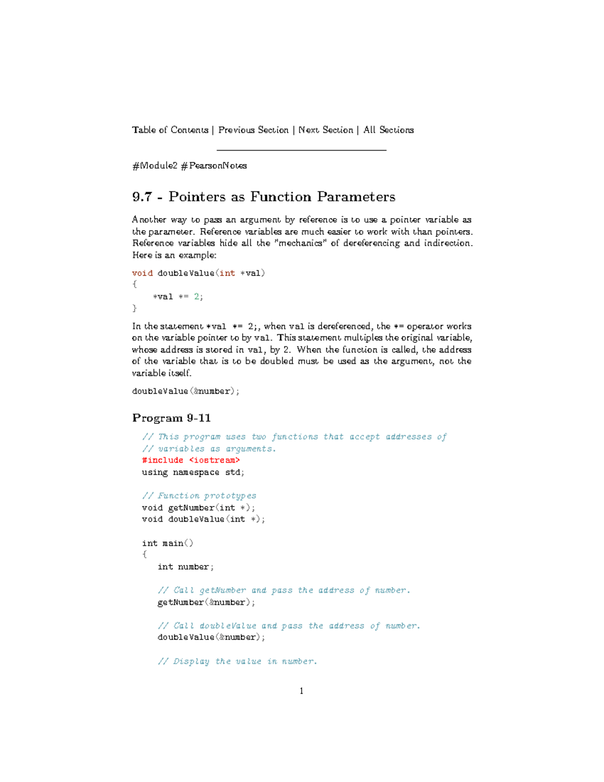 9.7 - Pointers as Function Parameters - Table of Contents | Previous ...