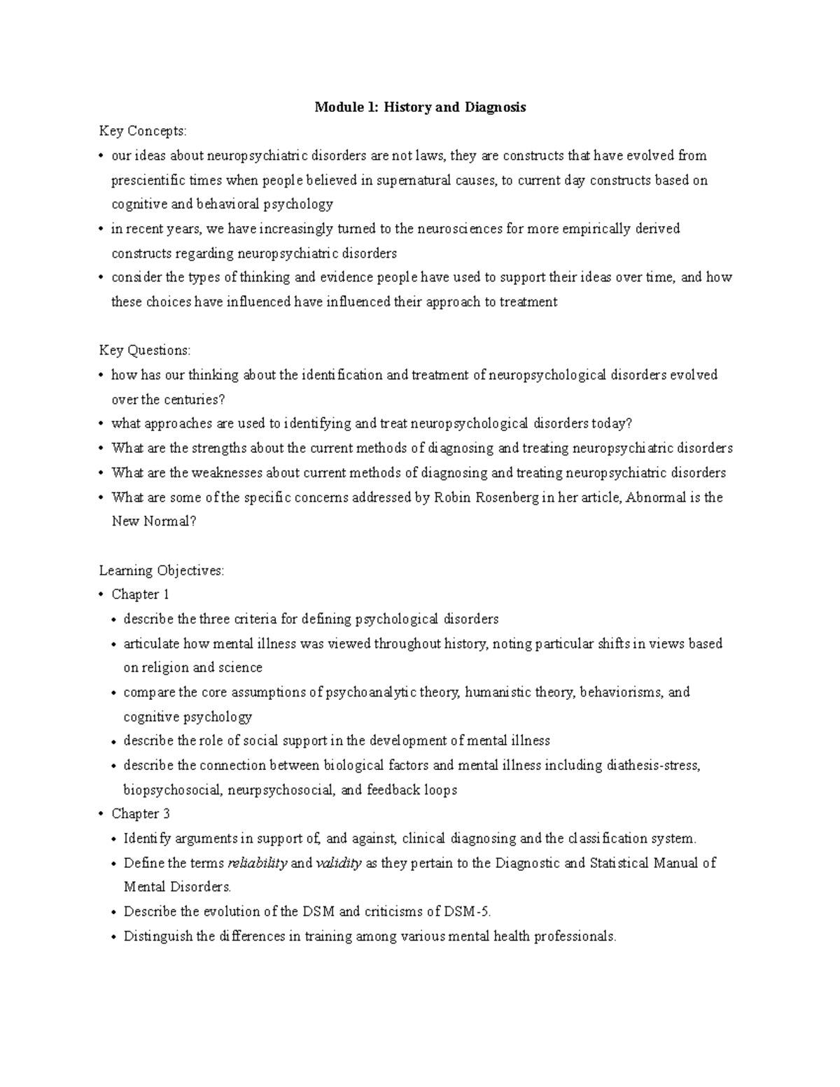 Exam 1 Material - Module 1: History and Diagnosis Key Concepts: our ...