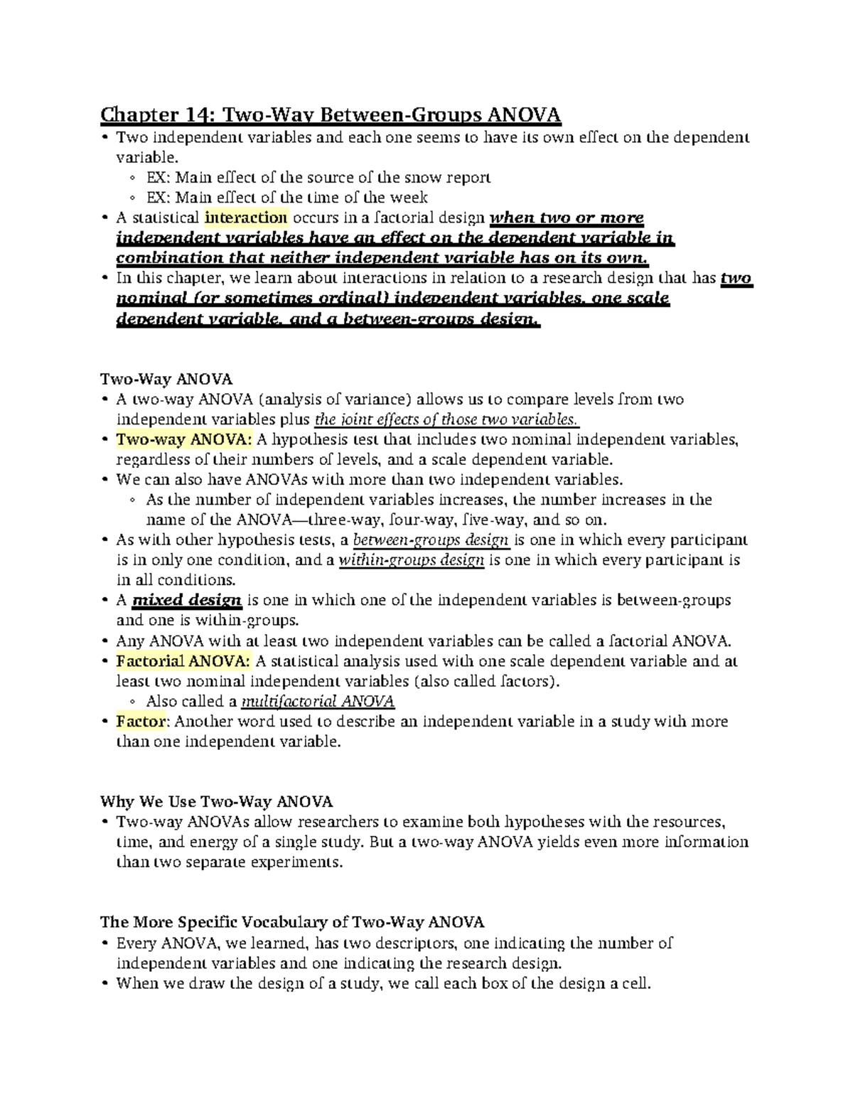 Behavioral Stats Textbook Chapter 14 Notes - Chapter 14: ANOVA Two ...