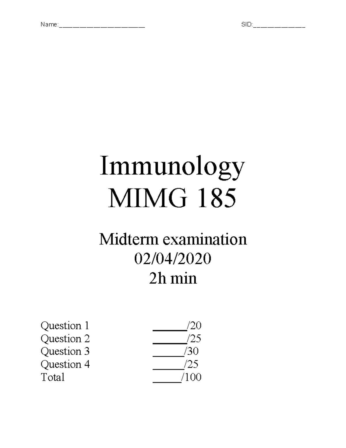 A O'Sullivan Yang Winter 2021 Midterm Answer Key - Immunology MIMG 185 ...