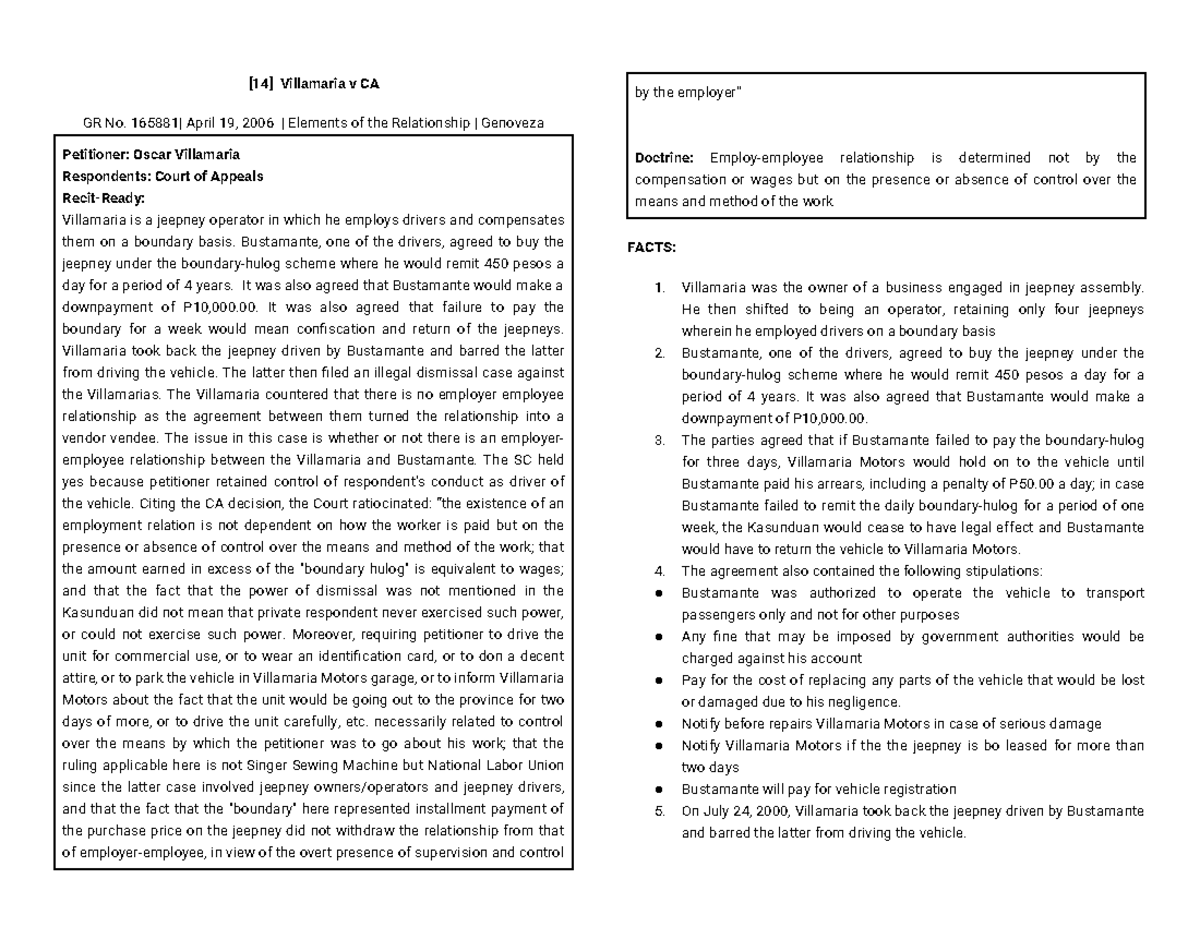 Toaz - Memory aid - [14] Villamaria v CA GR No. 165881| April 19, 2006 ...