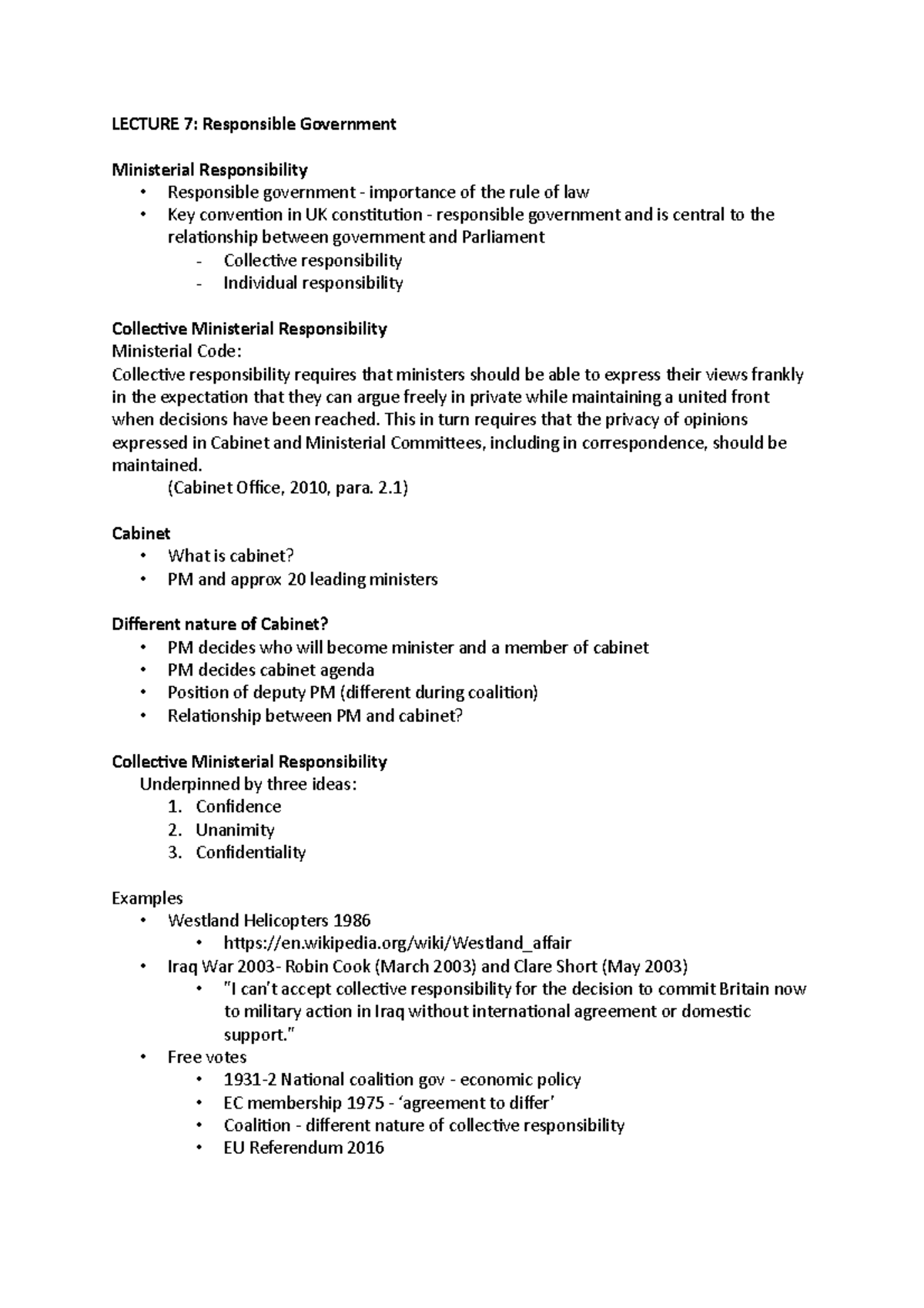 Lecture 7-9 - LECTURE 7: Responsible Government Ministerial ...