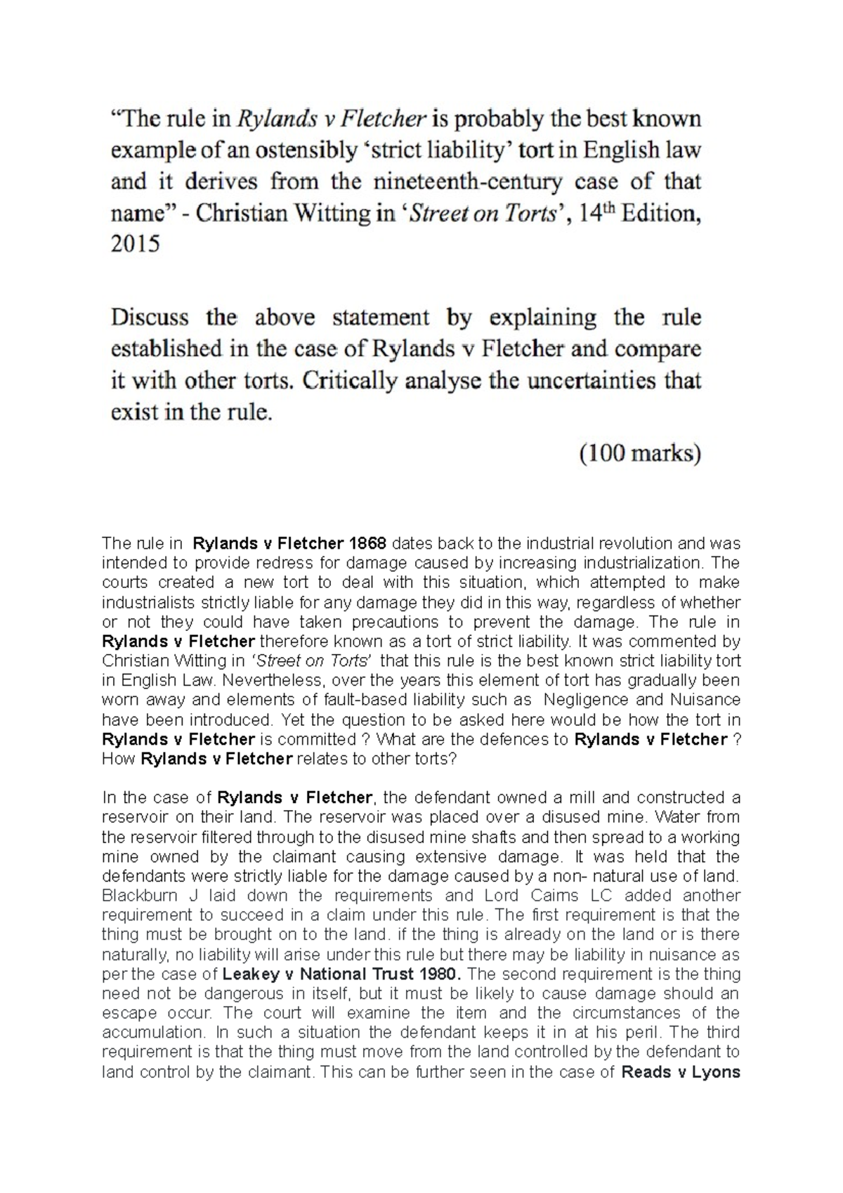 Rylands v fletcher essay - The rule in Rylands v Fletcher 1868 dates ...