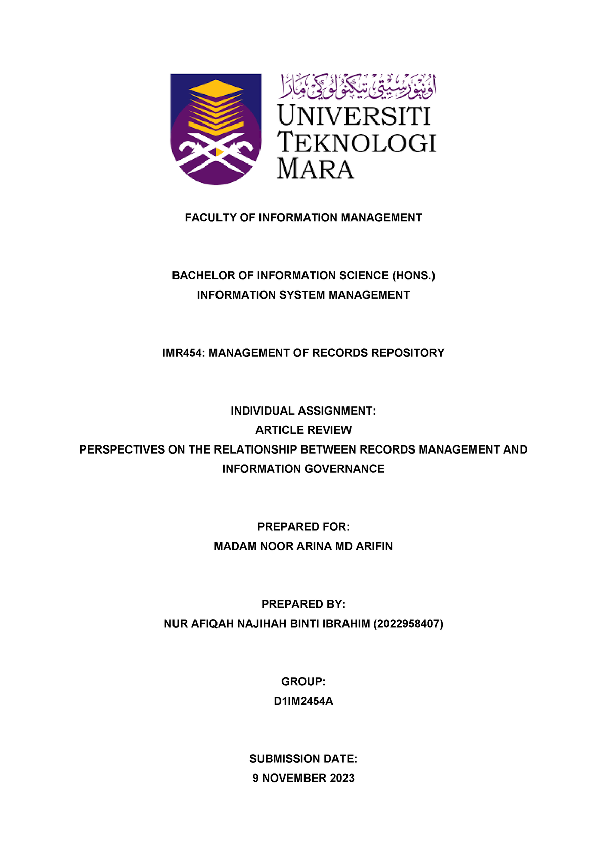 Imr454 - Faculty Of Information Management Bachelor Of Information 