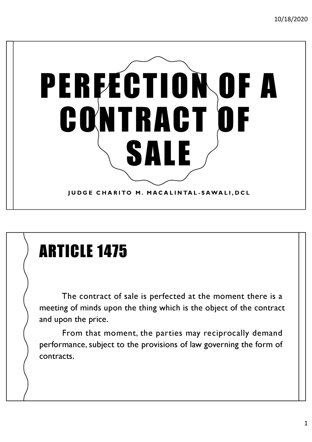 Perfinal - Perfection Of Contracts - PERFECTION OF A CONTRACT OF SALE J ...