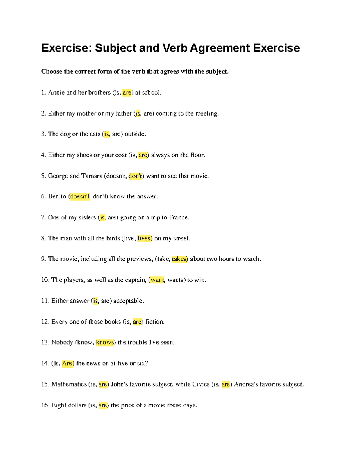 Subject VERB Agreement Completion Exercise - Exercise: Subject and Verb ...