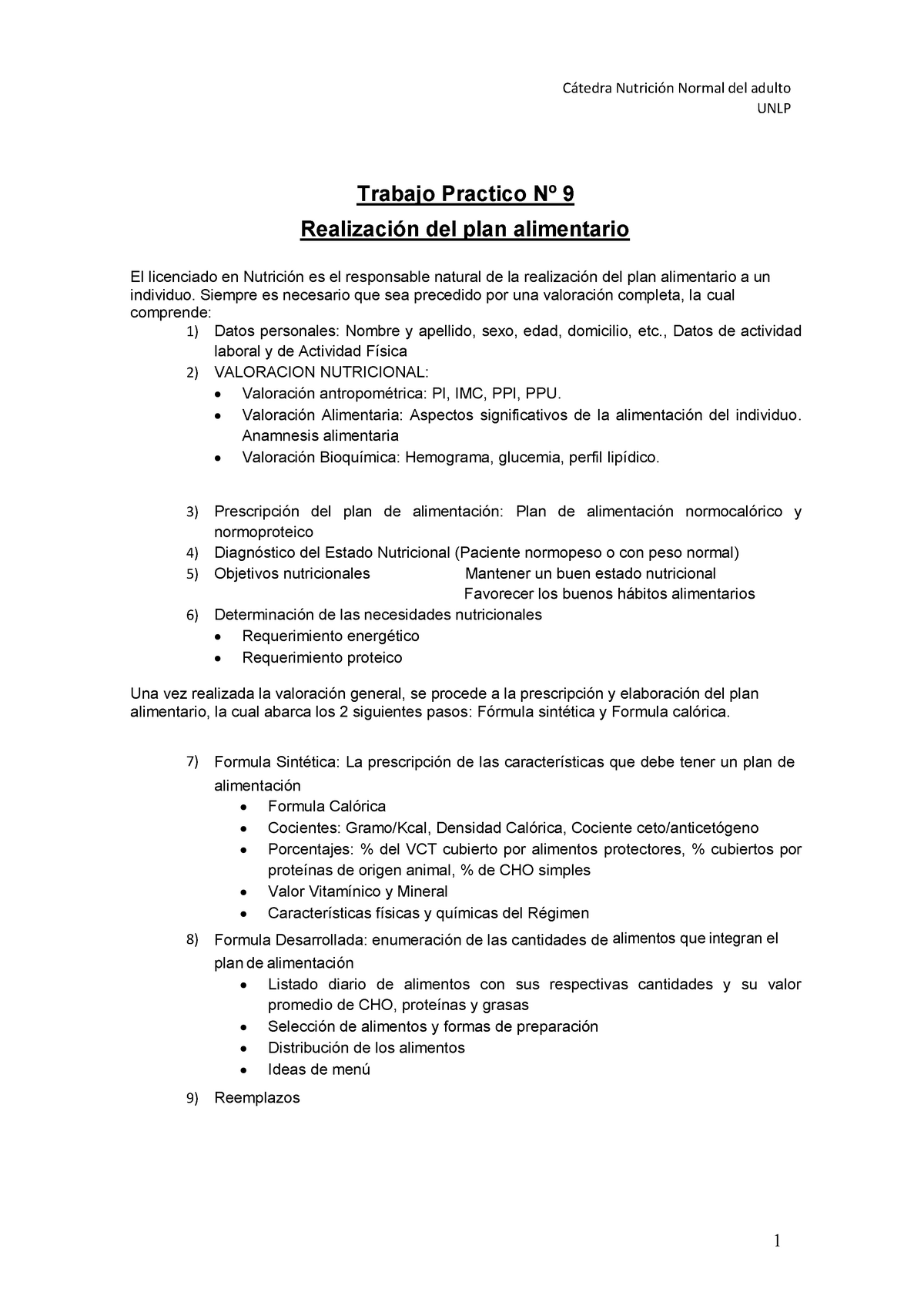 Práctico Nº 9 Plan Alimetario - UNLP Trabajo Practico Nº 9 Realización del  plan alimentario El - Studocu