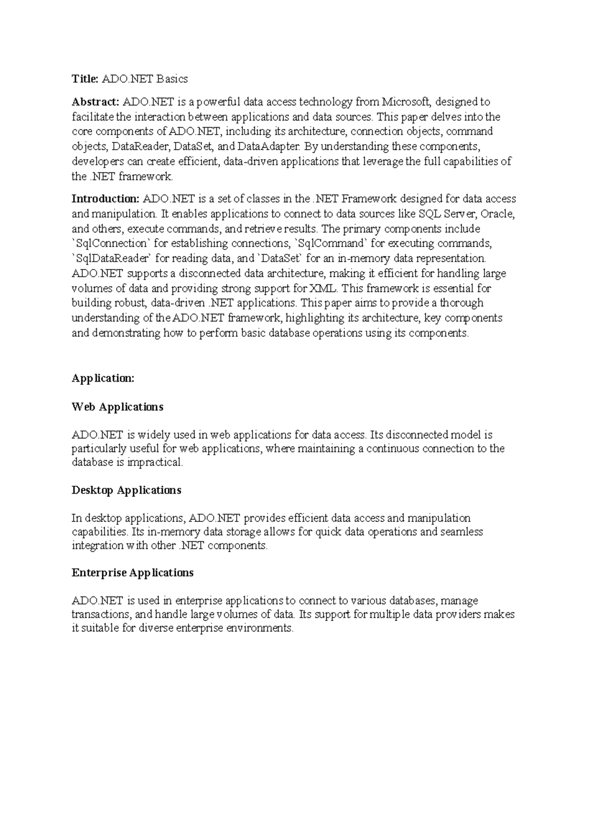 Ado.net 2 - assignment - Title: ADO Basics Abstract: ADO is a powerful ...