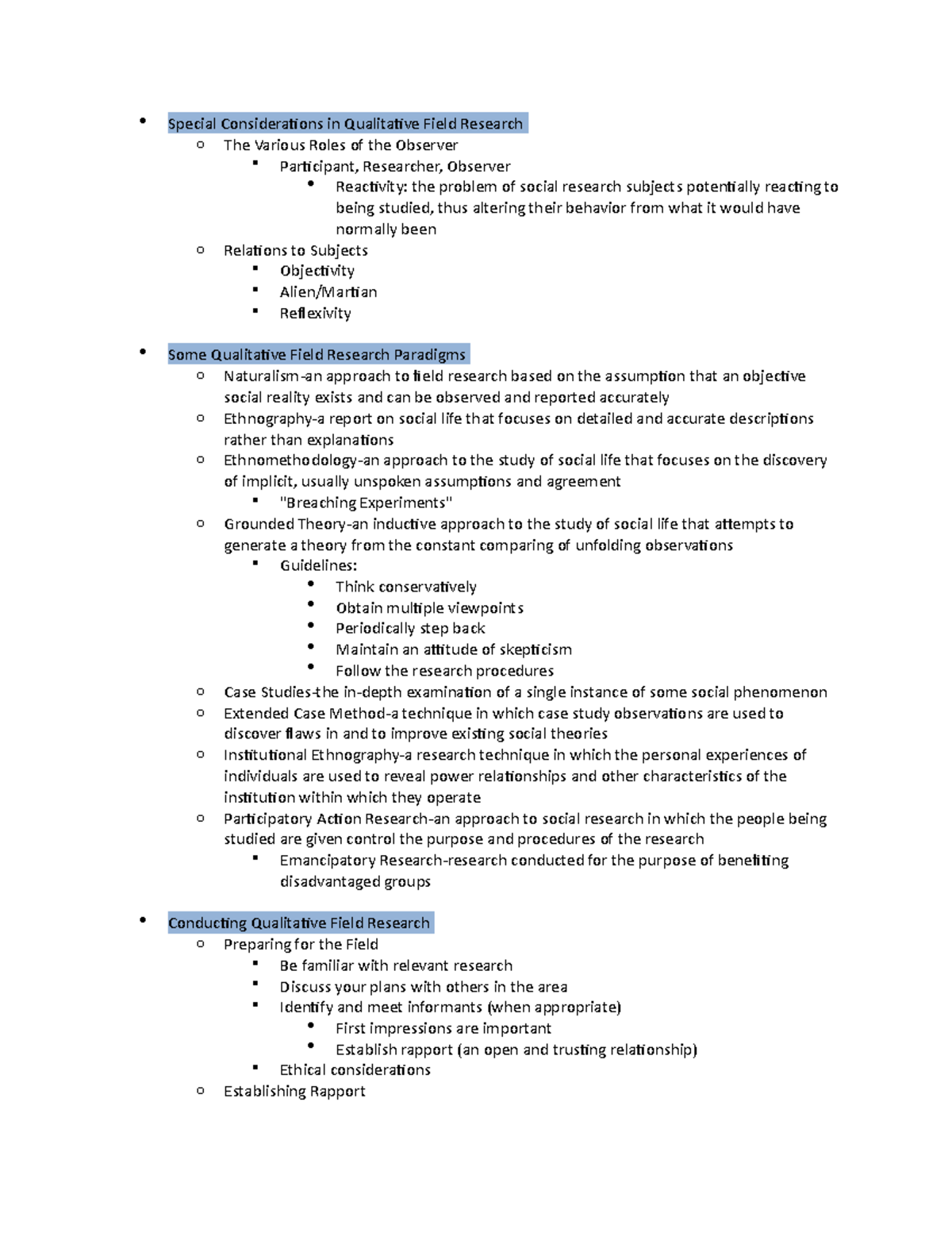 Ch. 10 - Notes - Special Considerations in Qualitative Field Research o ...