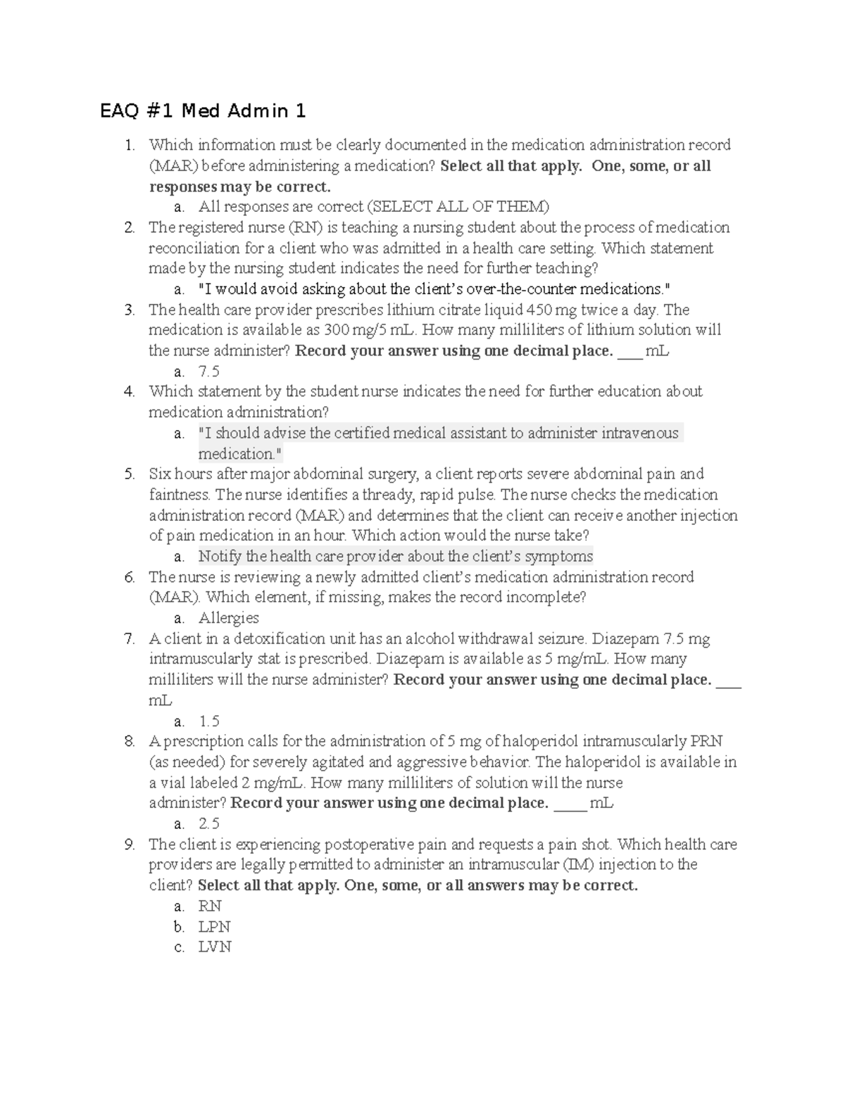 Med Admin I & II EAQ - HESI Prep - EAQ Med Admin 1 1. Which Information ...