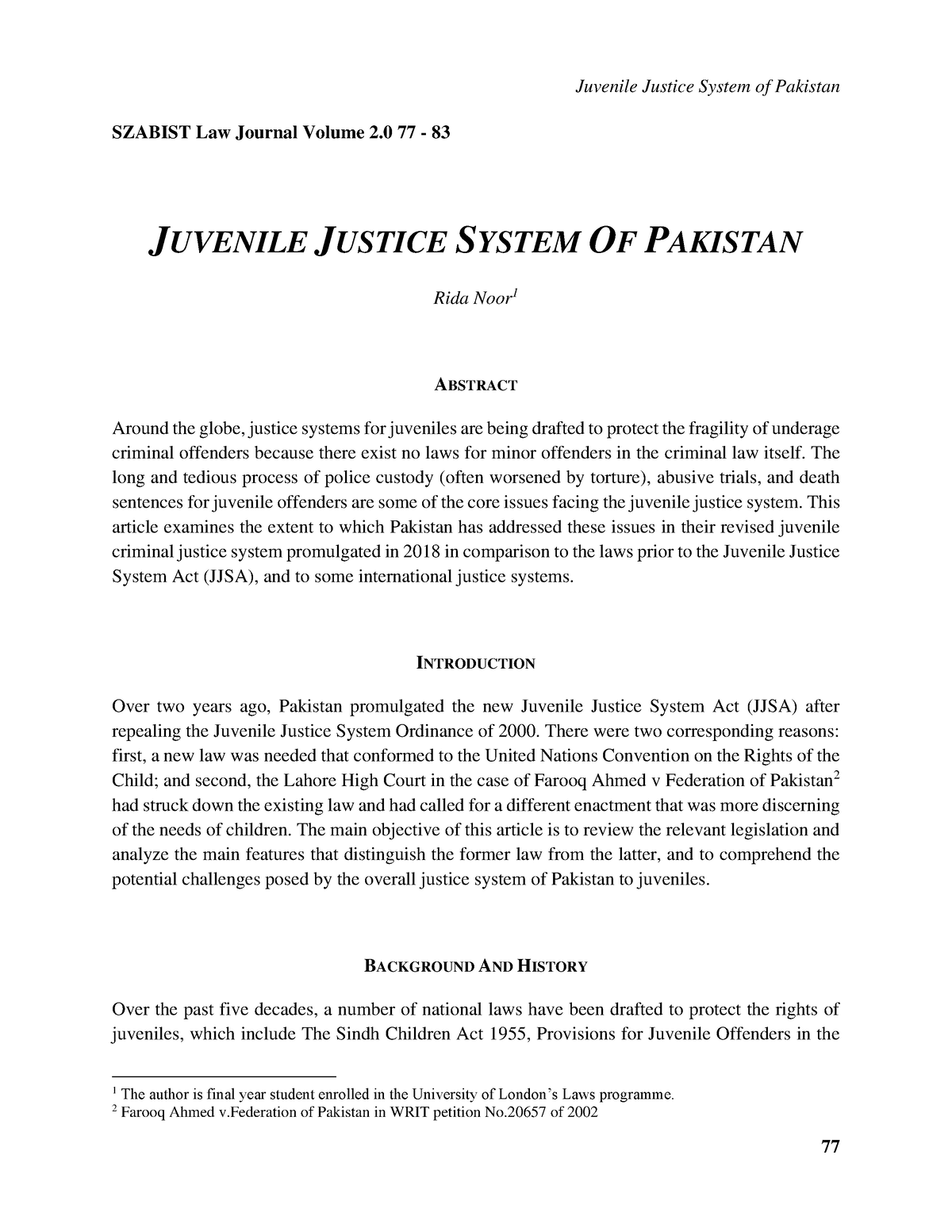 literature review on juvenile justice system in pakistan