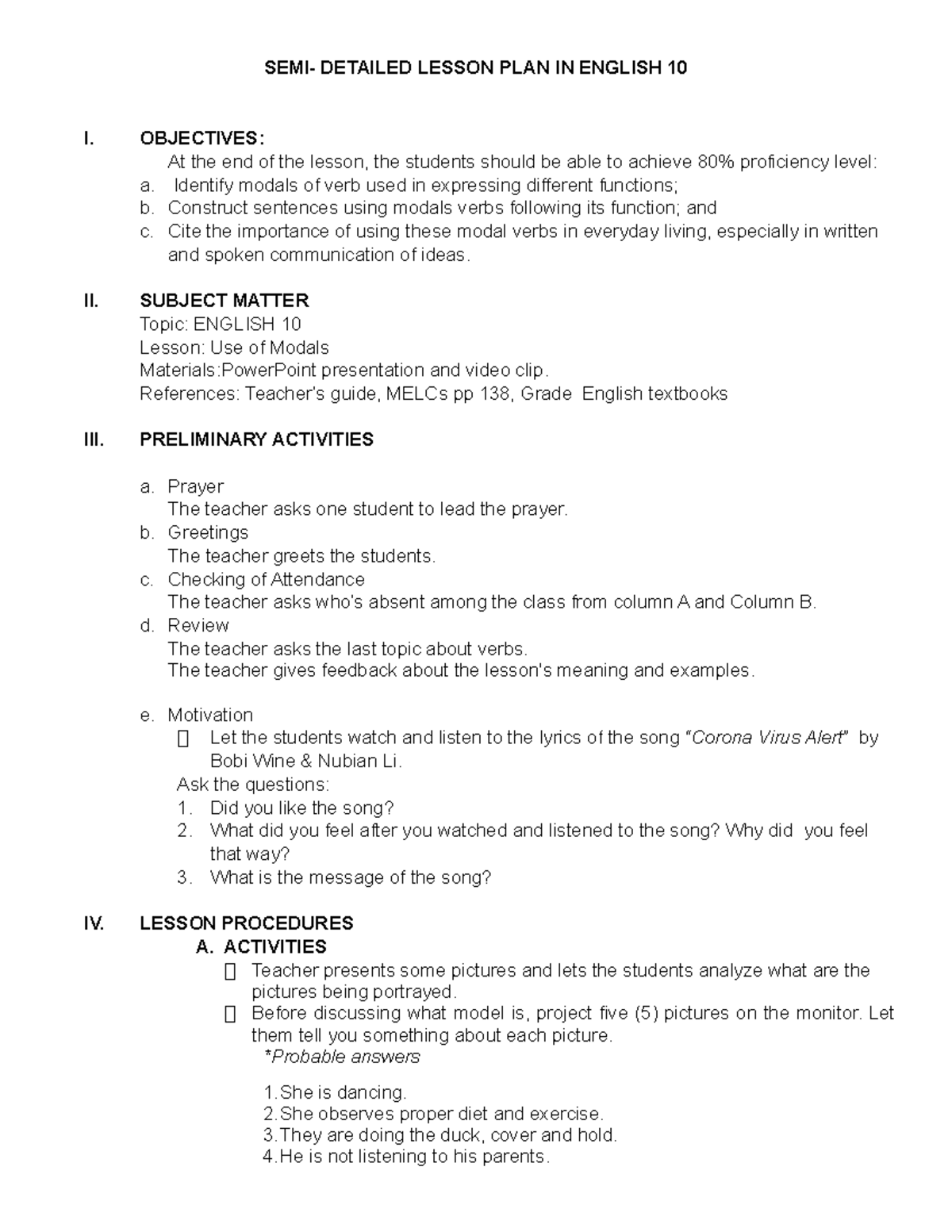 Semidetailed LP DEMO - SEMI- DETAILED LESSON PLAN IN ENGLISH 10 I ...