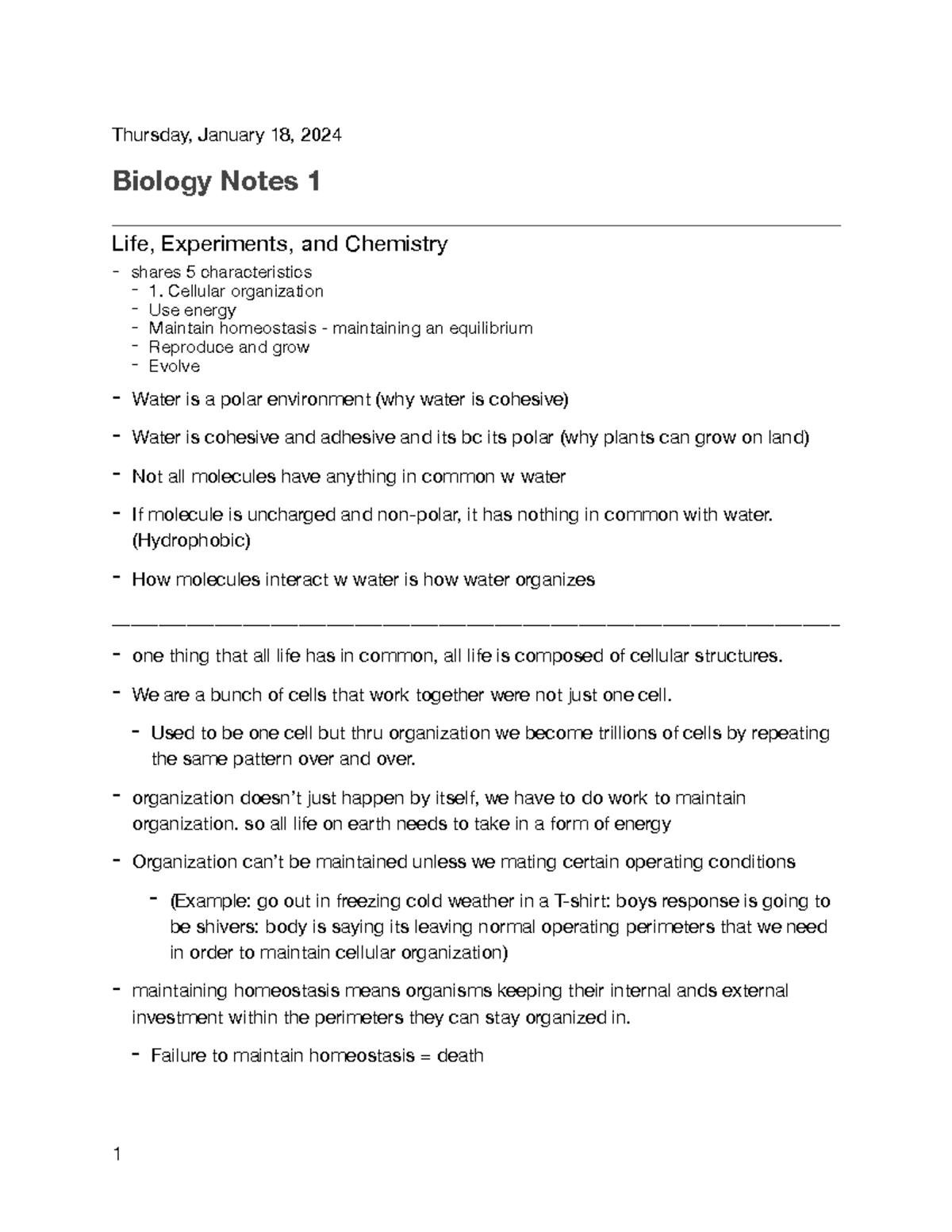 Bio notes 1:18:24 - Thursday, January 18, 2024 Biology Notes 1 Life ...