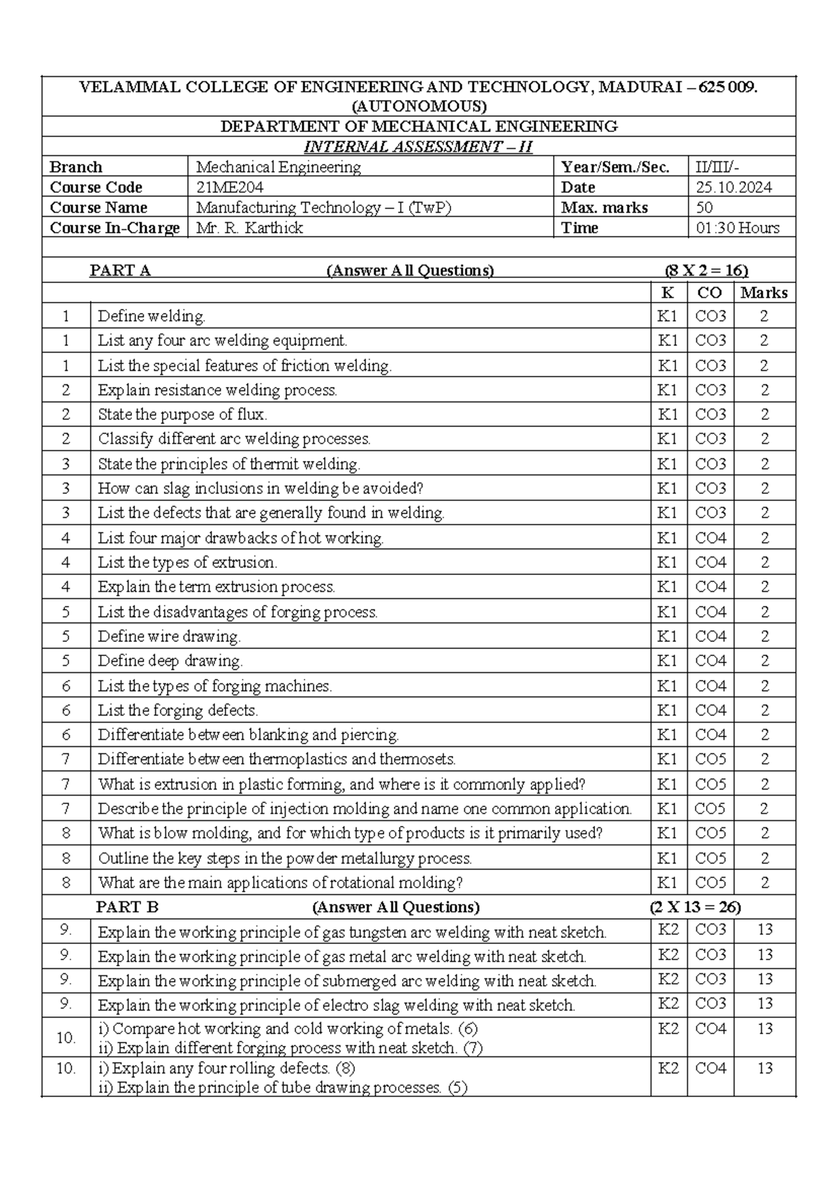 MT I - Manufacturing technology notes - VELAMMAL COLLEGE OF ENGINEERING ...