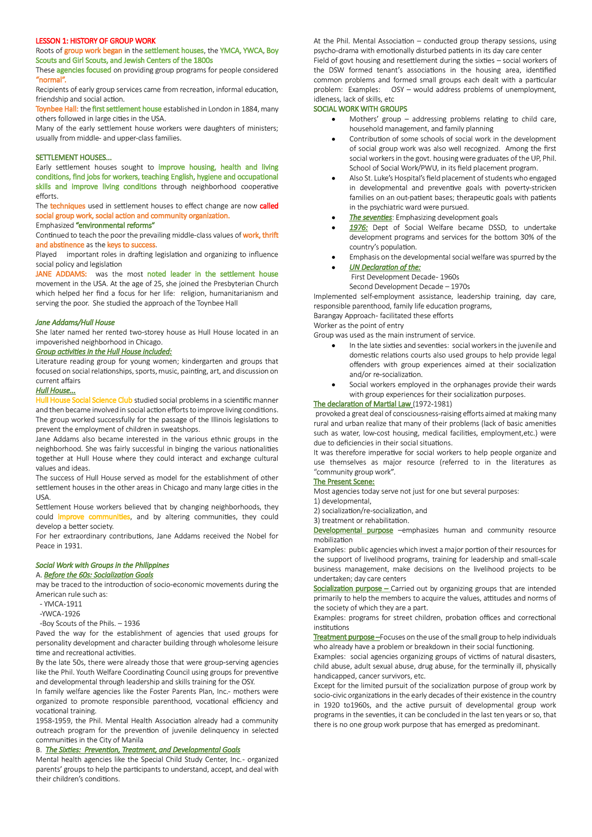 SWRK 110 Midterms - LESSON 1: HISTORY OF GROUP WORK Roots of group work ...