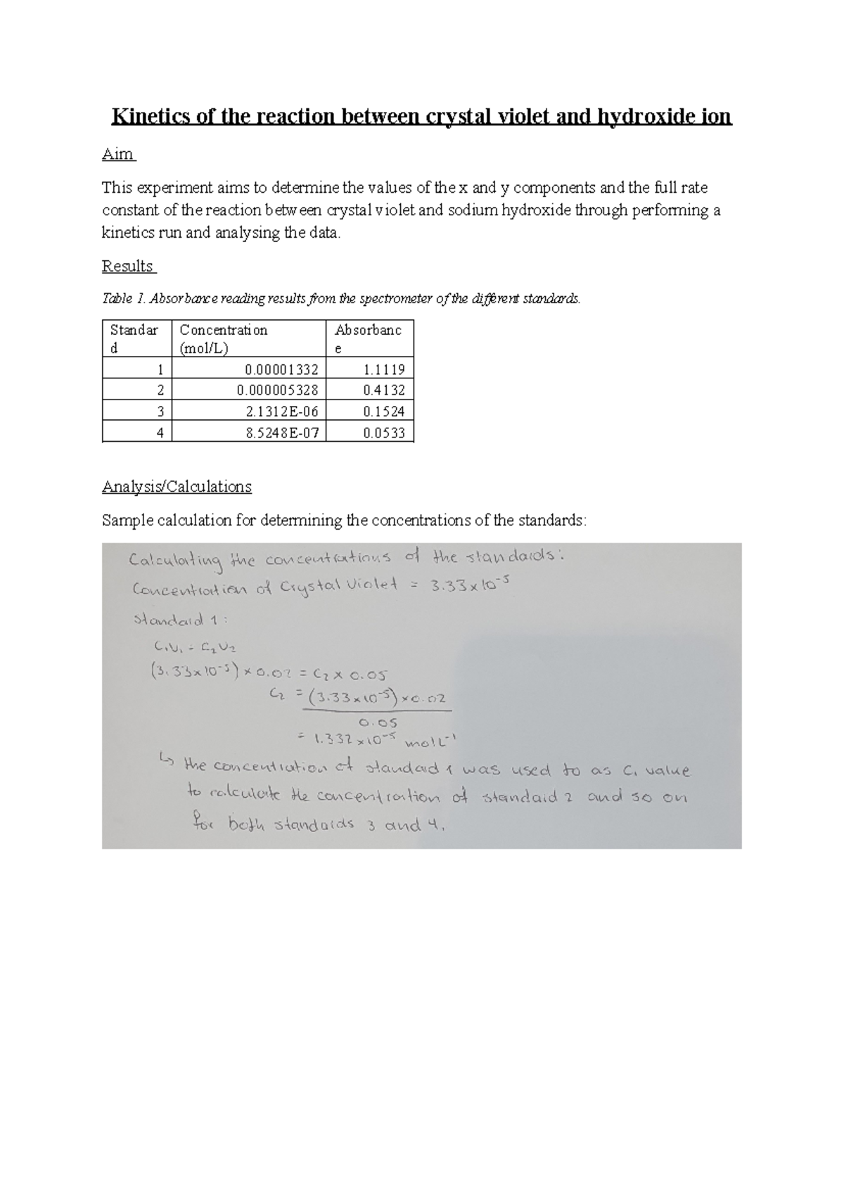Kinetics of the reaction between crystal violet and hydroxide ion Lab ...
