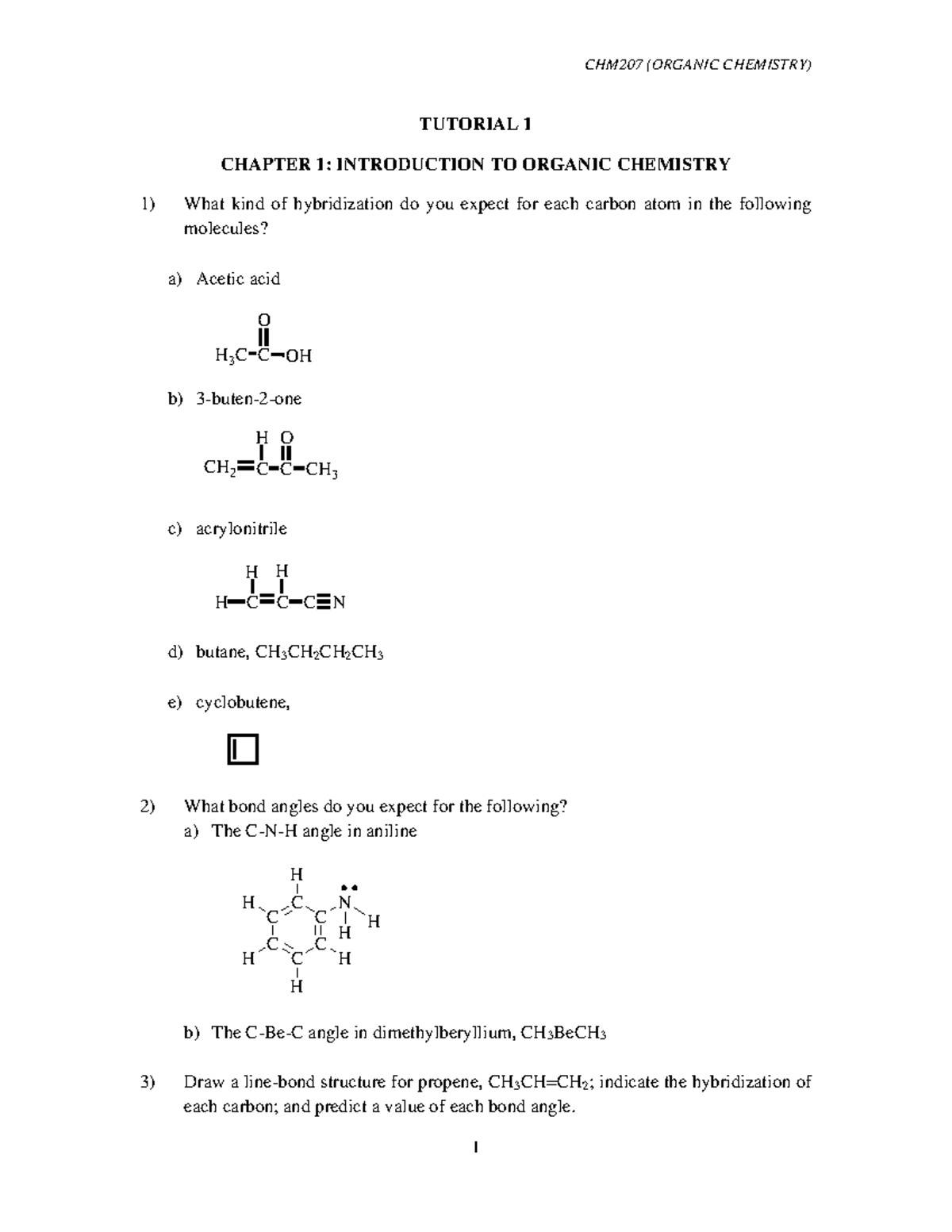 Tutorial 1-intro to org - CHM207 (ORGANIC CHEMISTRY) 1 TUTORIAL 1 ...