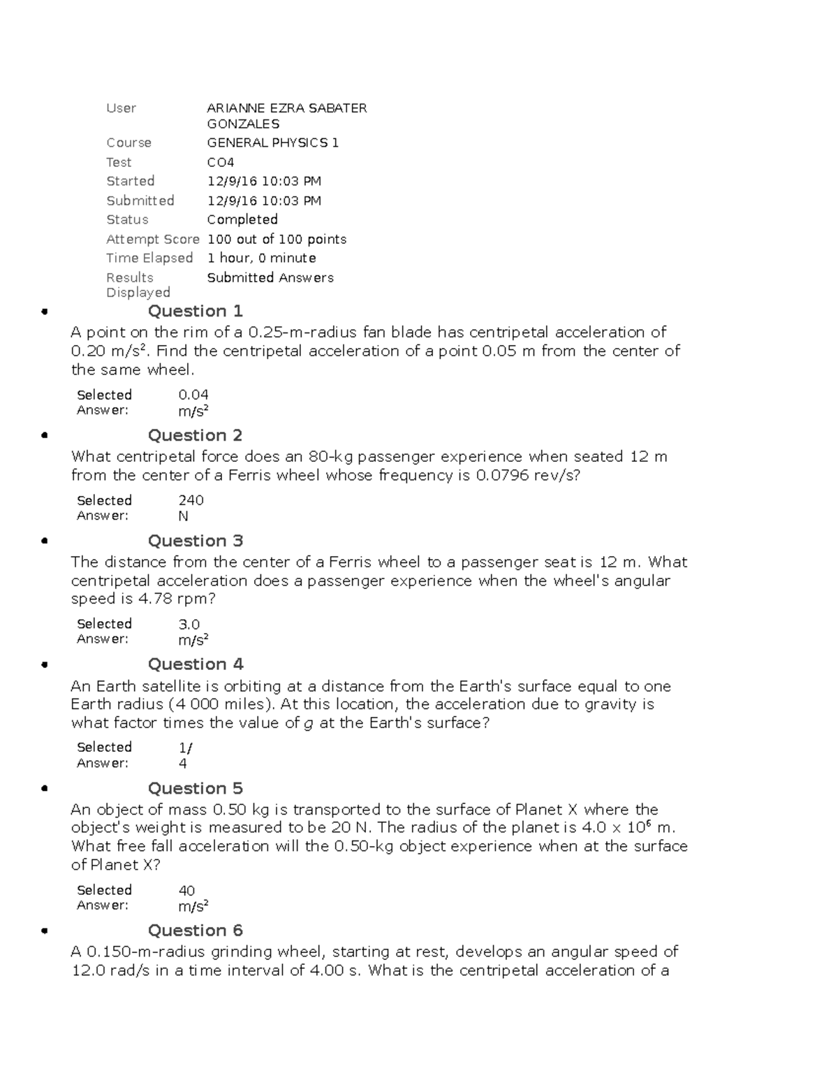 Physics Exam - Phy10 - User ARIANNE EZRA SABATER GONZALES Course ...