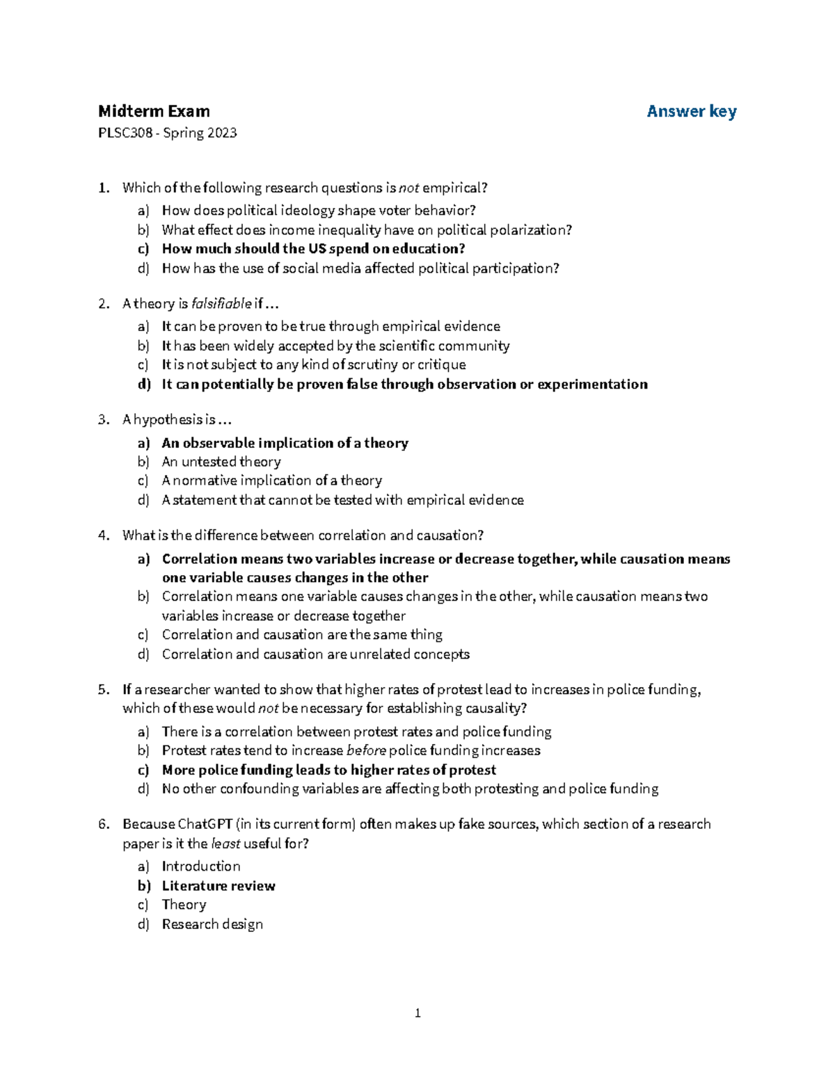 Midterm Answers - Midterm Exam Answer Key PLSC308 - Spring 2023 Which ...