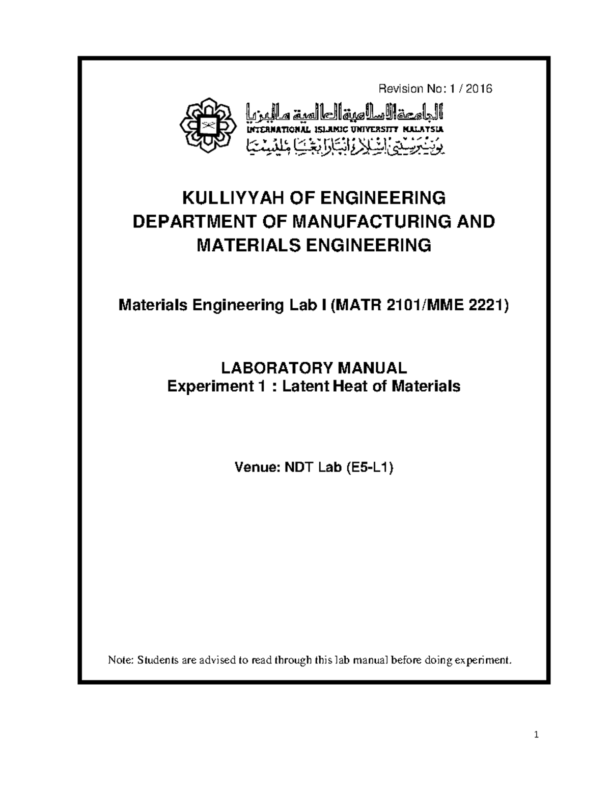 Lab Manual Materials Engineering Lab 1 (MATR 2101) Revision No 1 /