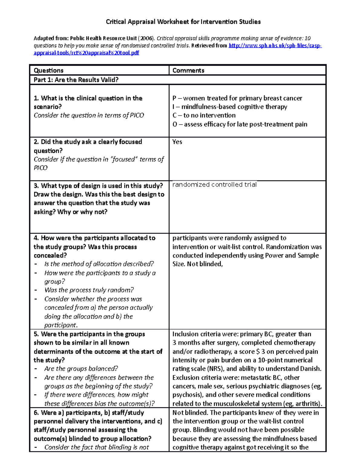 Critical Appraisal Worksheet for Intervention Studies - Critical appraisal  skills programme making - Studocu