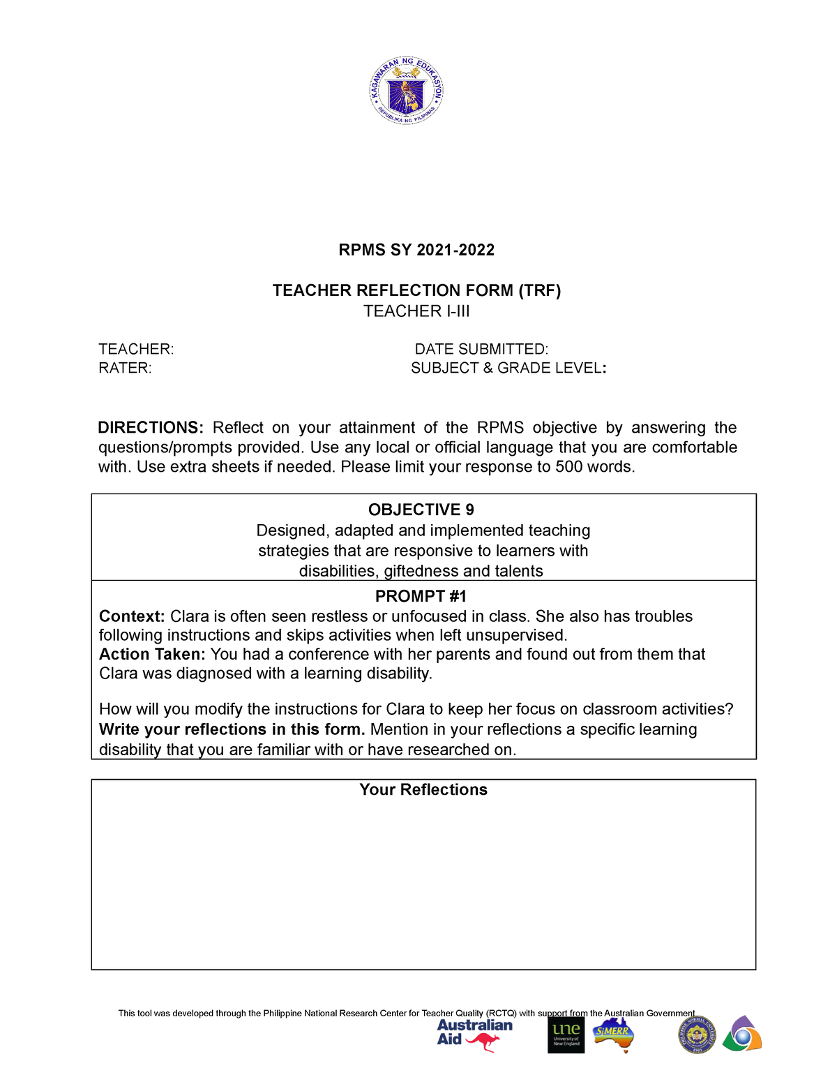 1 - TRF - RPMS SY 2021- TEACHER REFLECTION FORM (TRF) TEACHER I-III ...