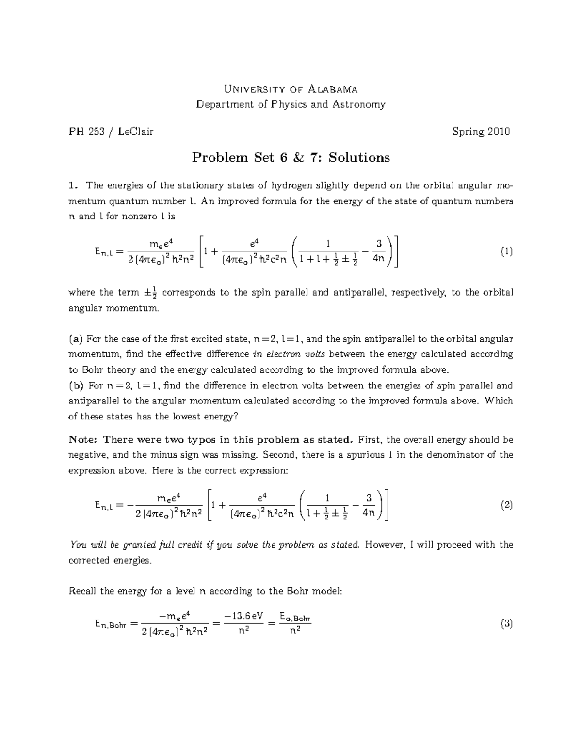 HW6-7 12 Mar 2010 Key - University Of Alabama Department Of Physics And ...