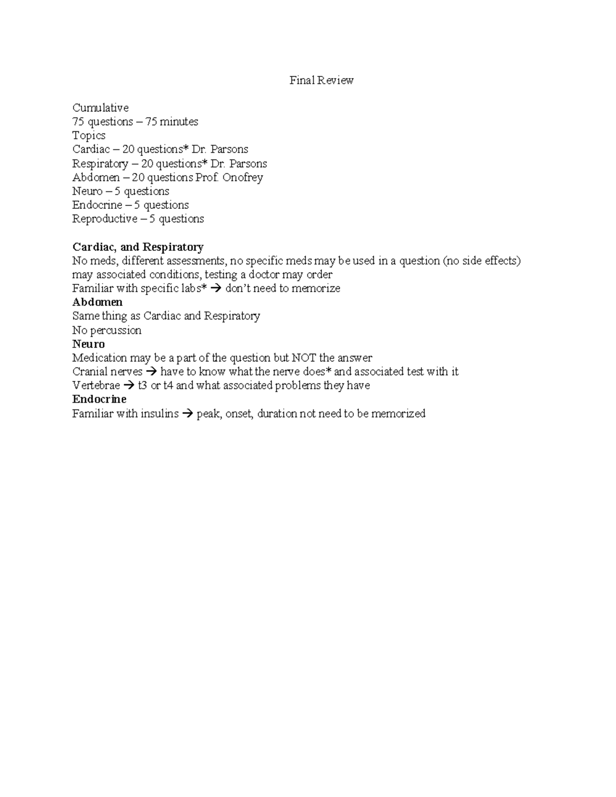 Final Review - lecture notes - Final Review Cumulative 75 questions ...