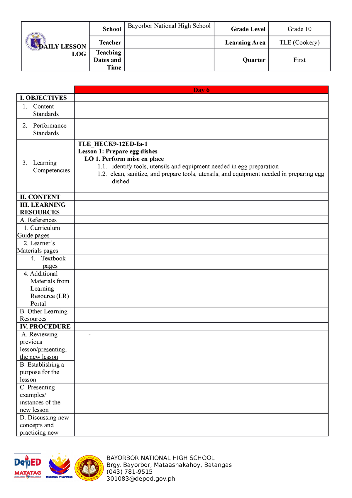 Sample TLE DLL Template - DAILY LESSON LOG School Bayorbor National ...