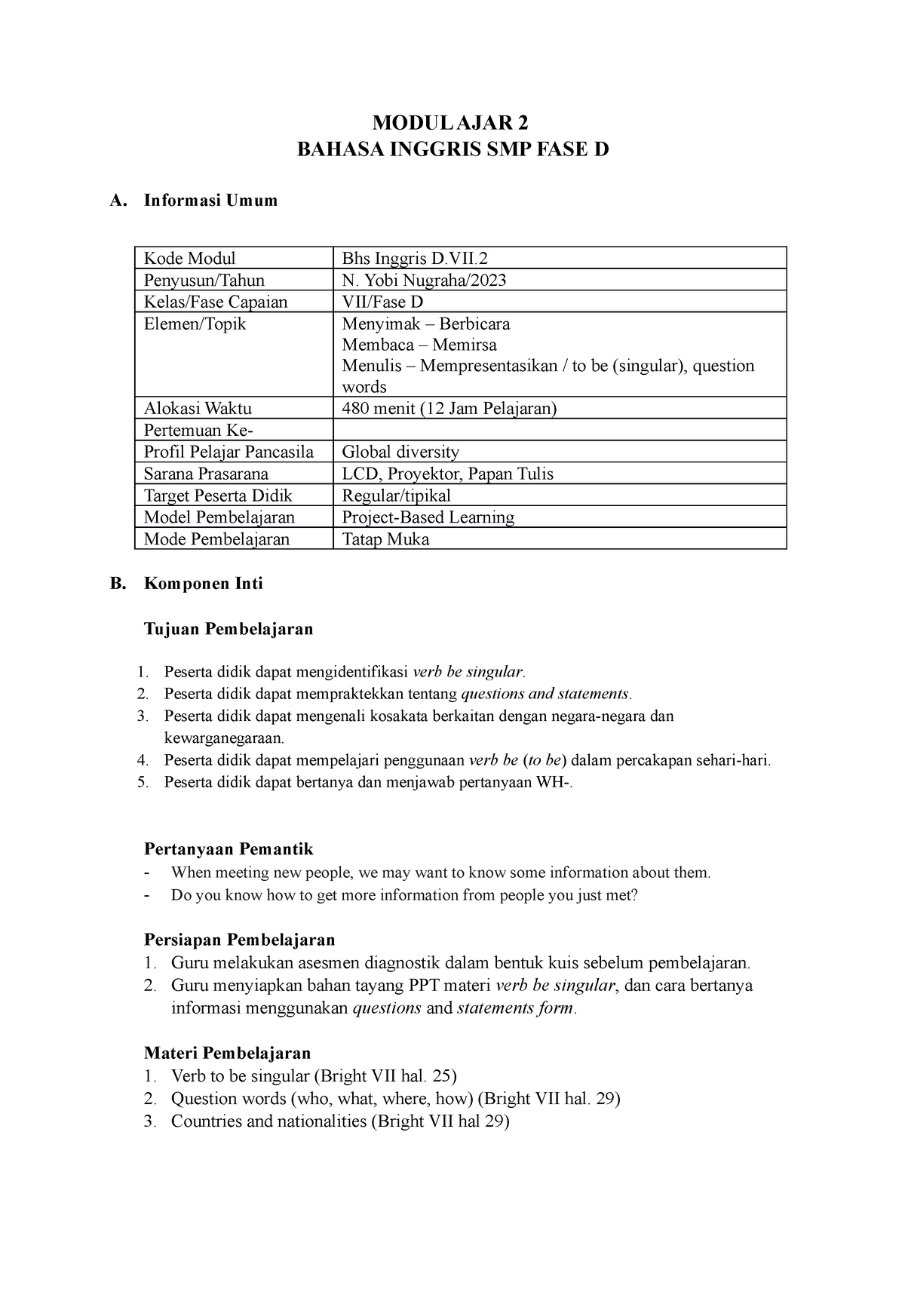 Modul AJAR B- Inggris BAB 2 SMP Grade VII - MODUL AJAR 2 BAHASA INGGRIS ...