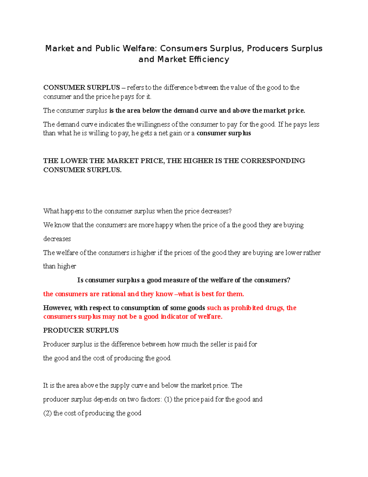 Lecture notes of Market and Public Welfare Consumers Surplus, Producers