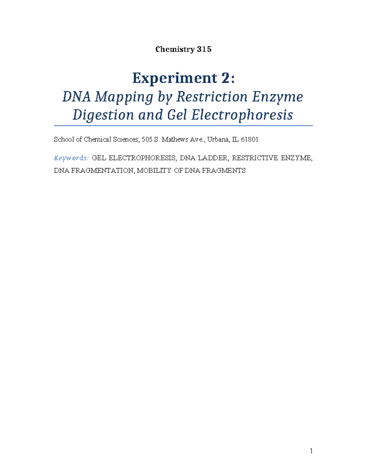 315 Experiment 2 Lab Report Chemistry 315 Experiment 2 Dna Mapping By Restriction Enzyme 315 Experiment 2 Lab Report Chemistry 315 Experiment 2 Dna Mapping By Restriction Enzyme