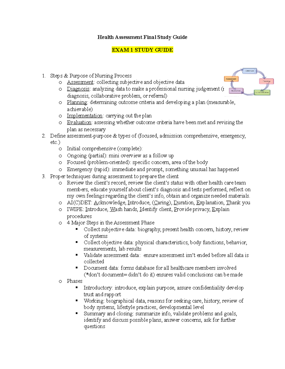 Health Assessment Final Study Guide - ) O Initial Comprehensive ...