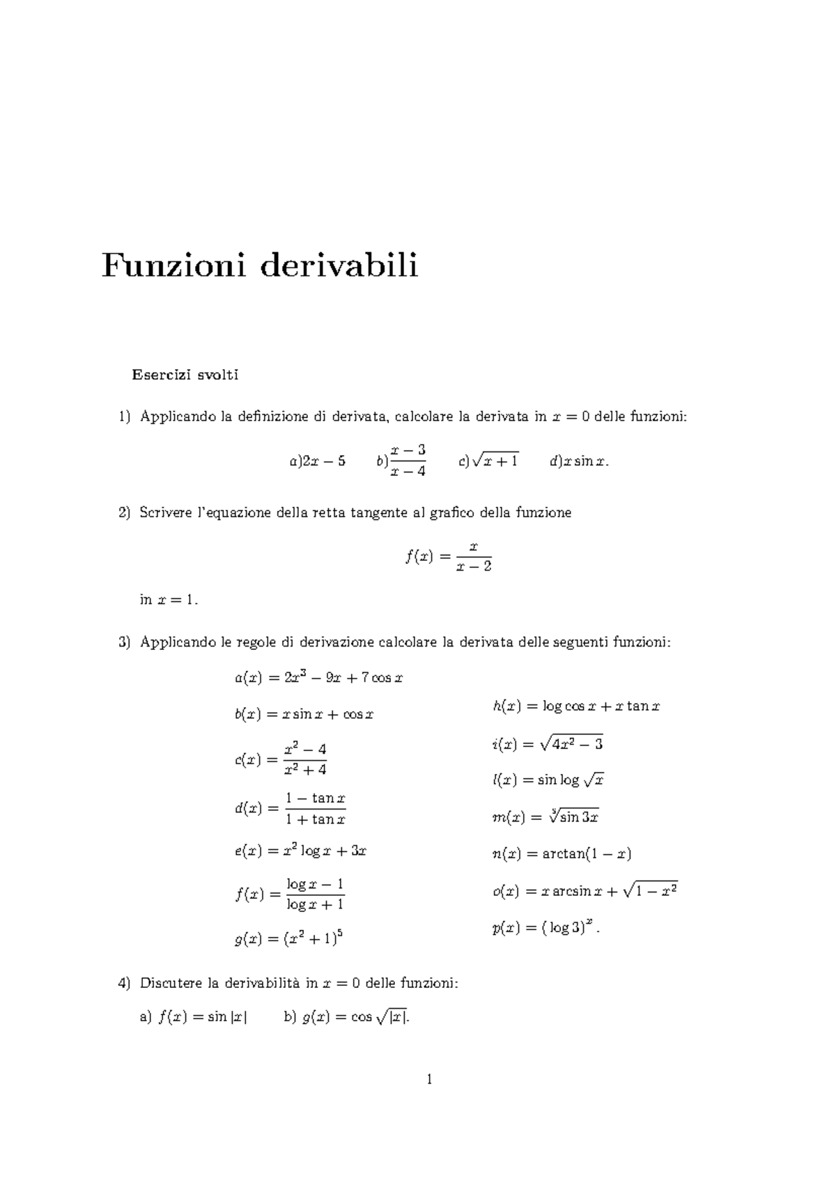 Esercitazione Analisi Matematica I Funzioni Derivabili A A 2016