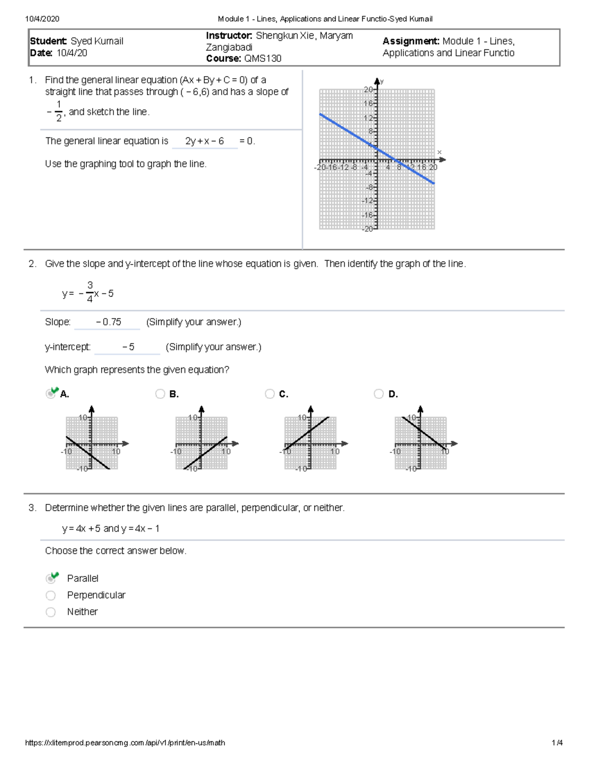 Module 1 - Lines, Applications and Linear Function - 1. 2. 3. Student ...