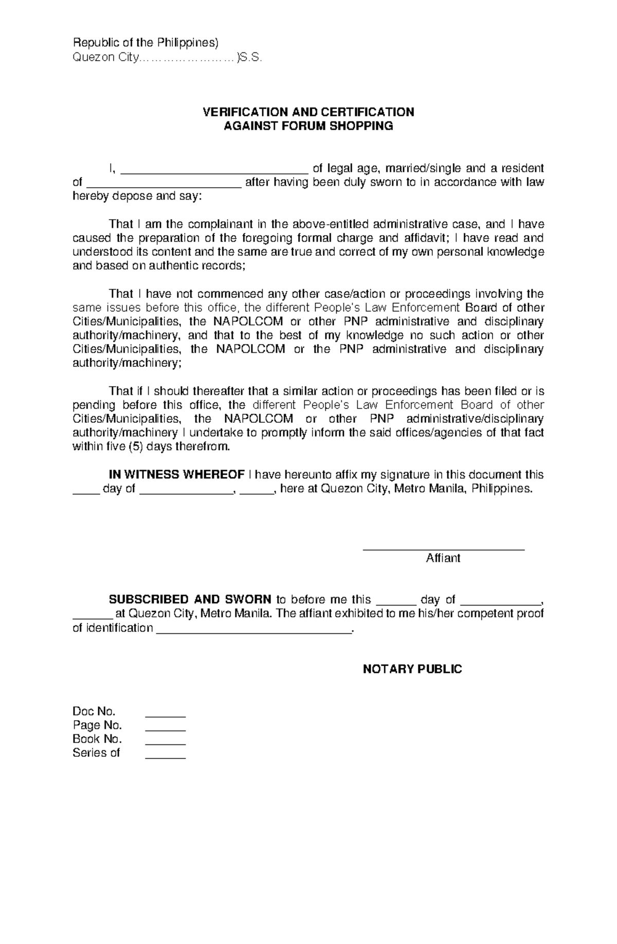 Template Verification and Certification Against Forum Shopping ...