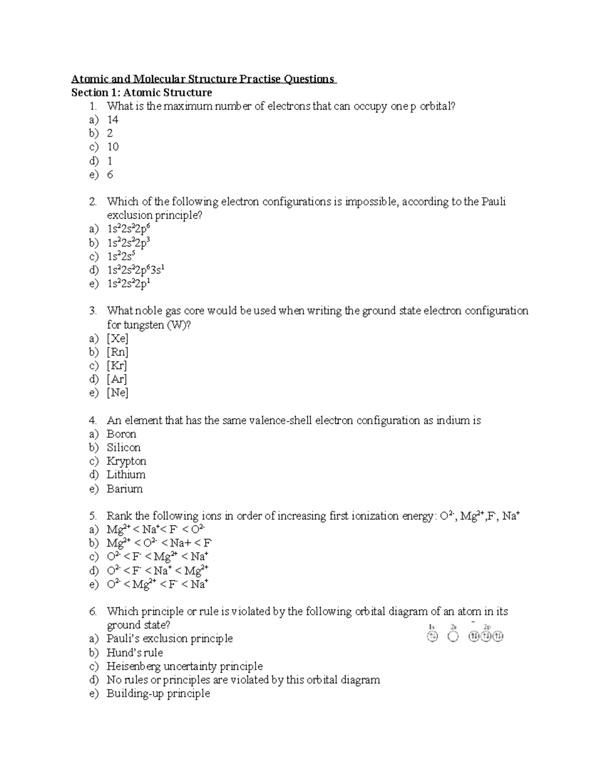 Atomic and Molec PQ - Atomic and Molecular Structure Practise Questions ...