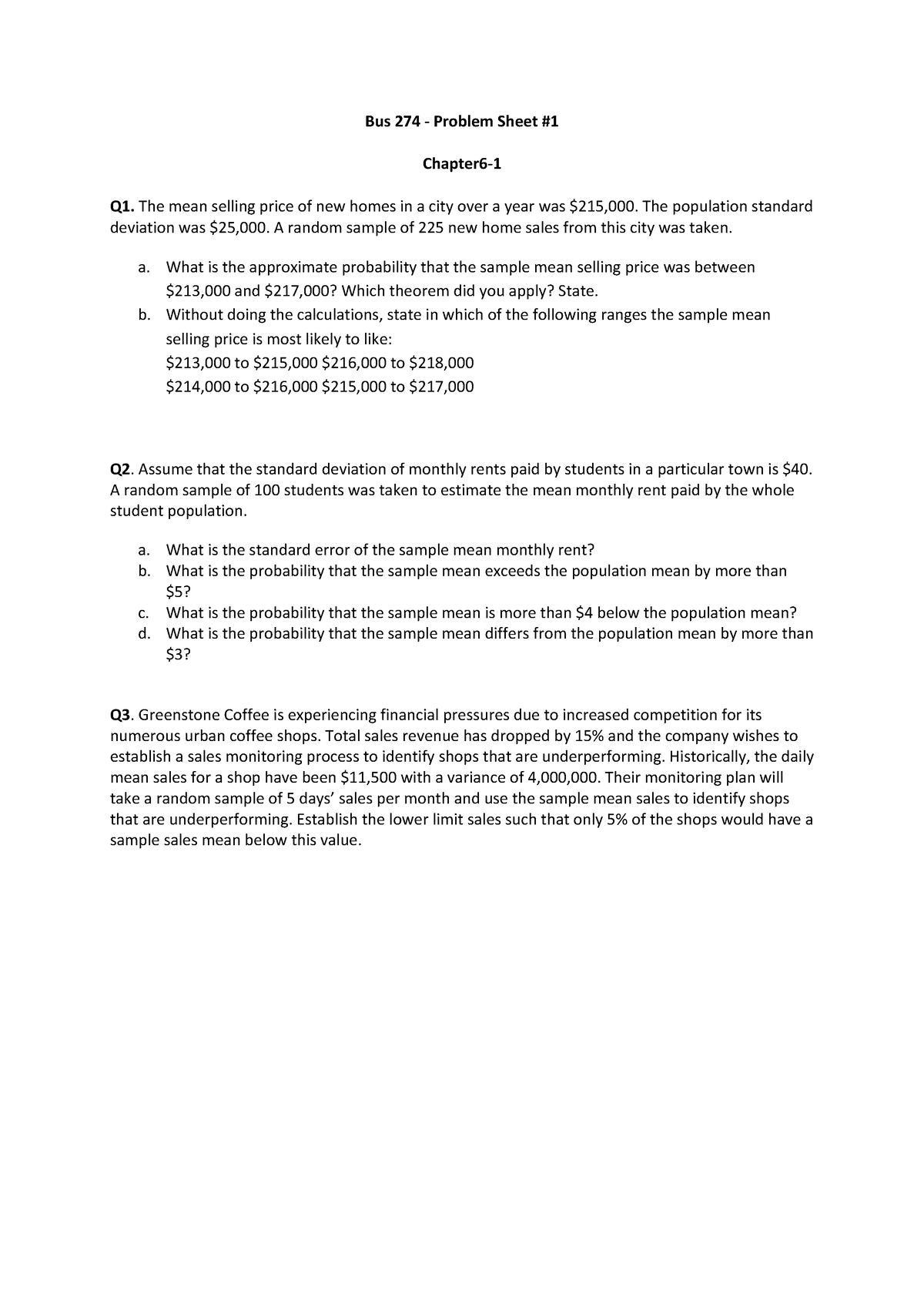 Problem Sheet 1 - The mean selling price of new homes in a city over a ...