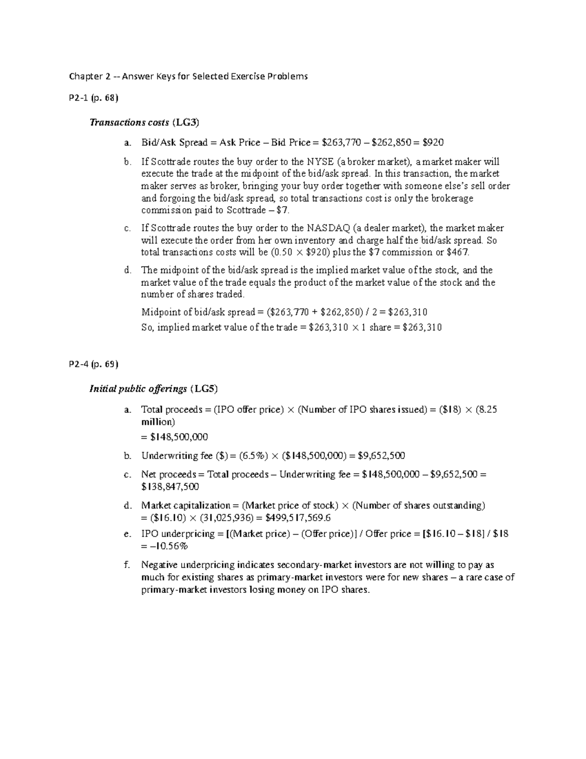 FINN 3043 Ch. 2 Practice Problems Answers - Chapter 2 - Answer Keys for ...