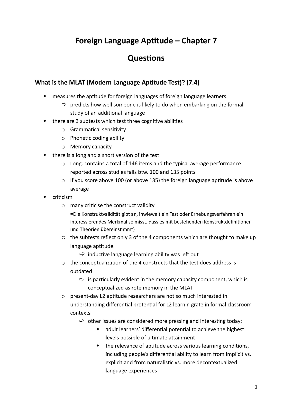 7. Foreign Language Aptitude 100 and 135 points o If you score above