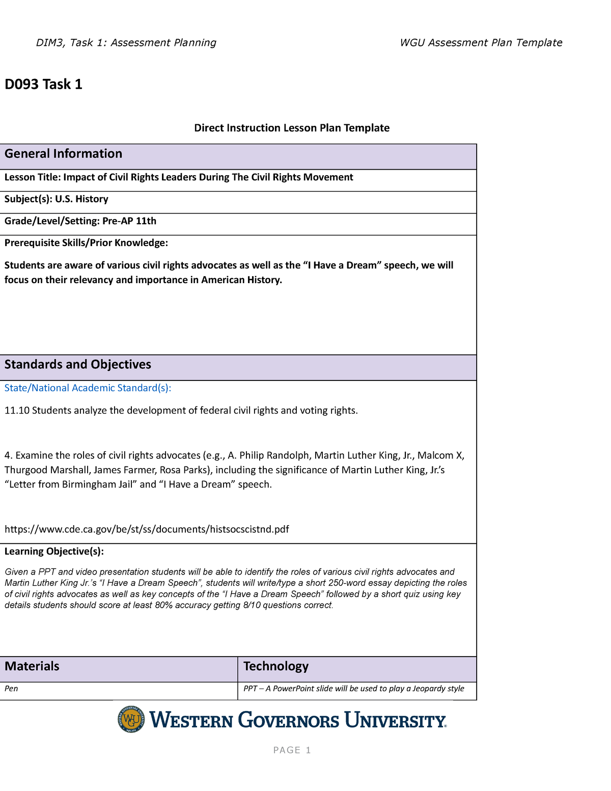 Assessment Plan Template - D093 Task 1 ####### Direct Instruction ...