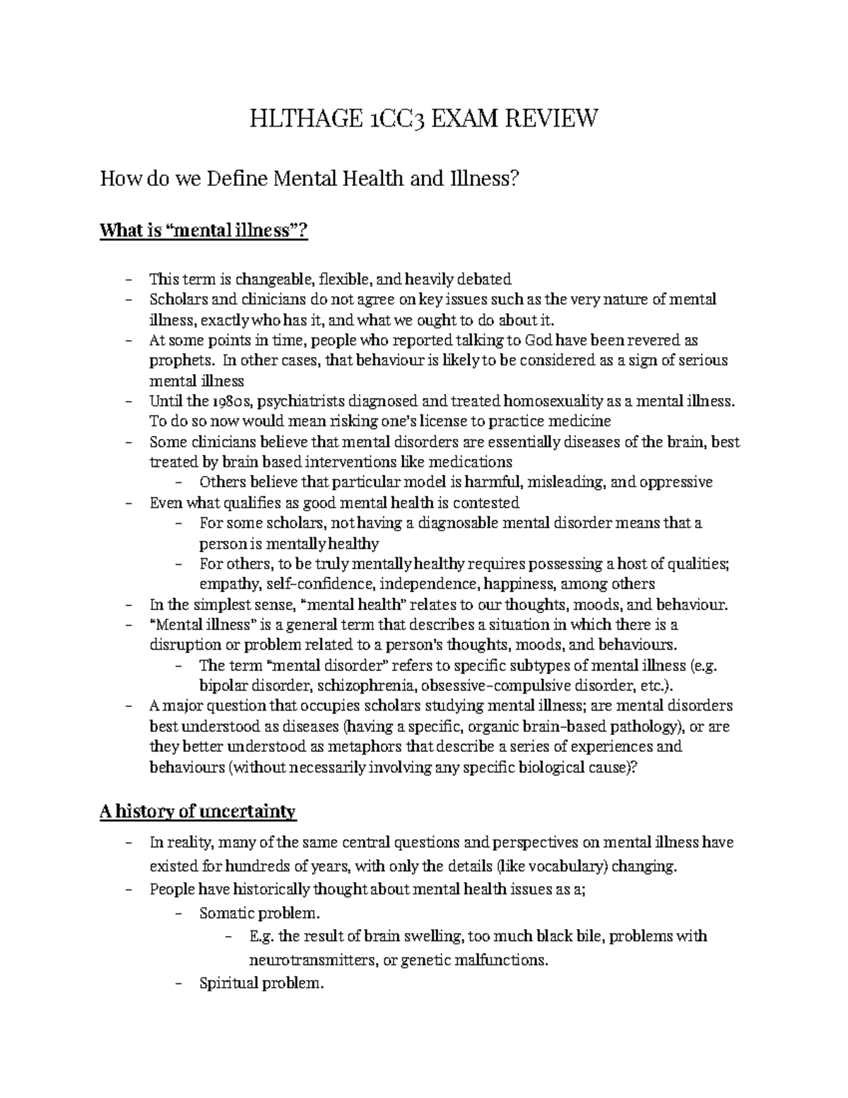 Hlthage 1CC3 Review - HLTHAGE 1CC3 EXAM REVIEW How do we Define Mental ...