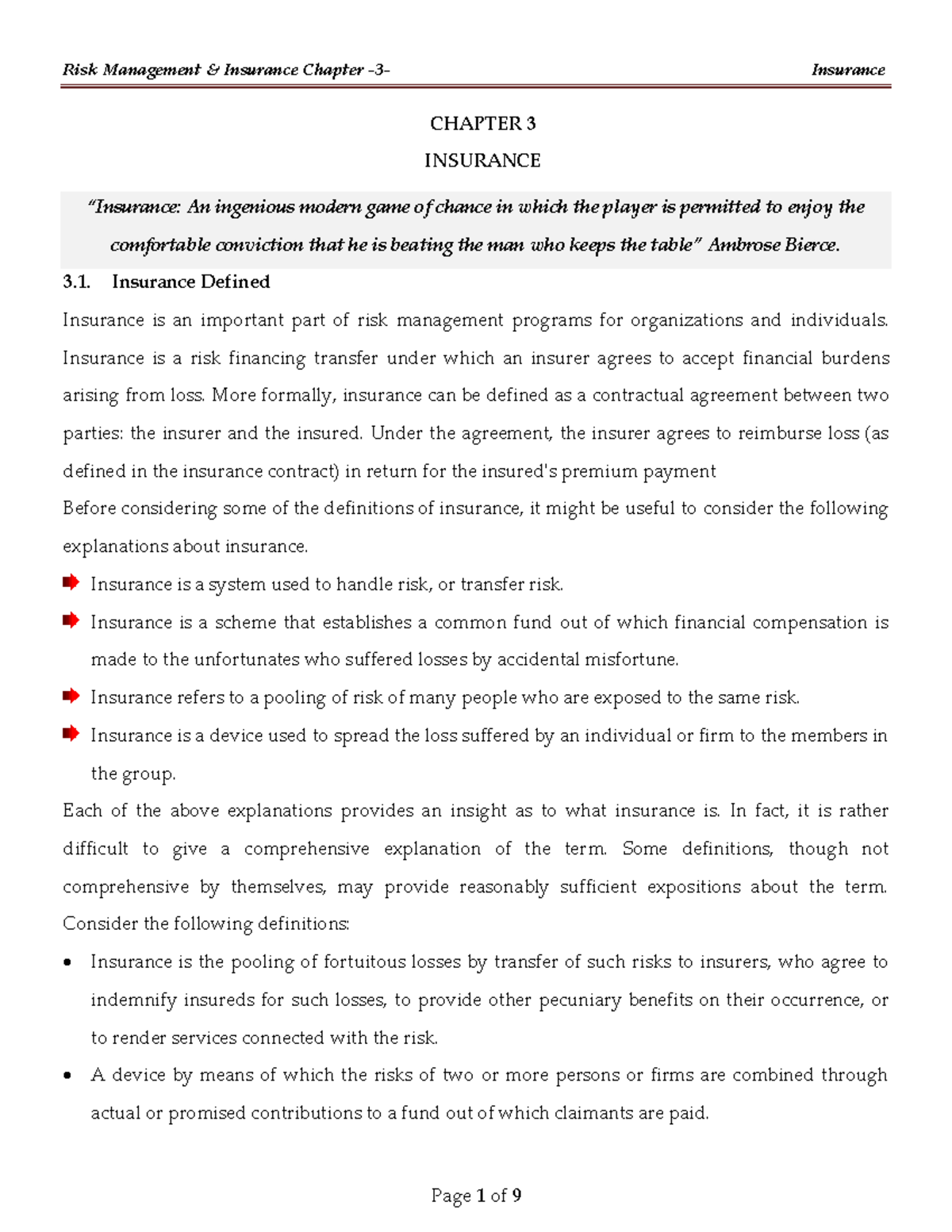 Risk mgmt and Insurance Risk Management & Insurance Chapter 3