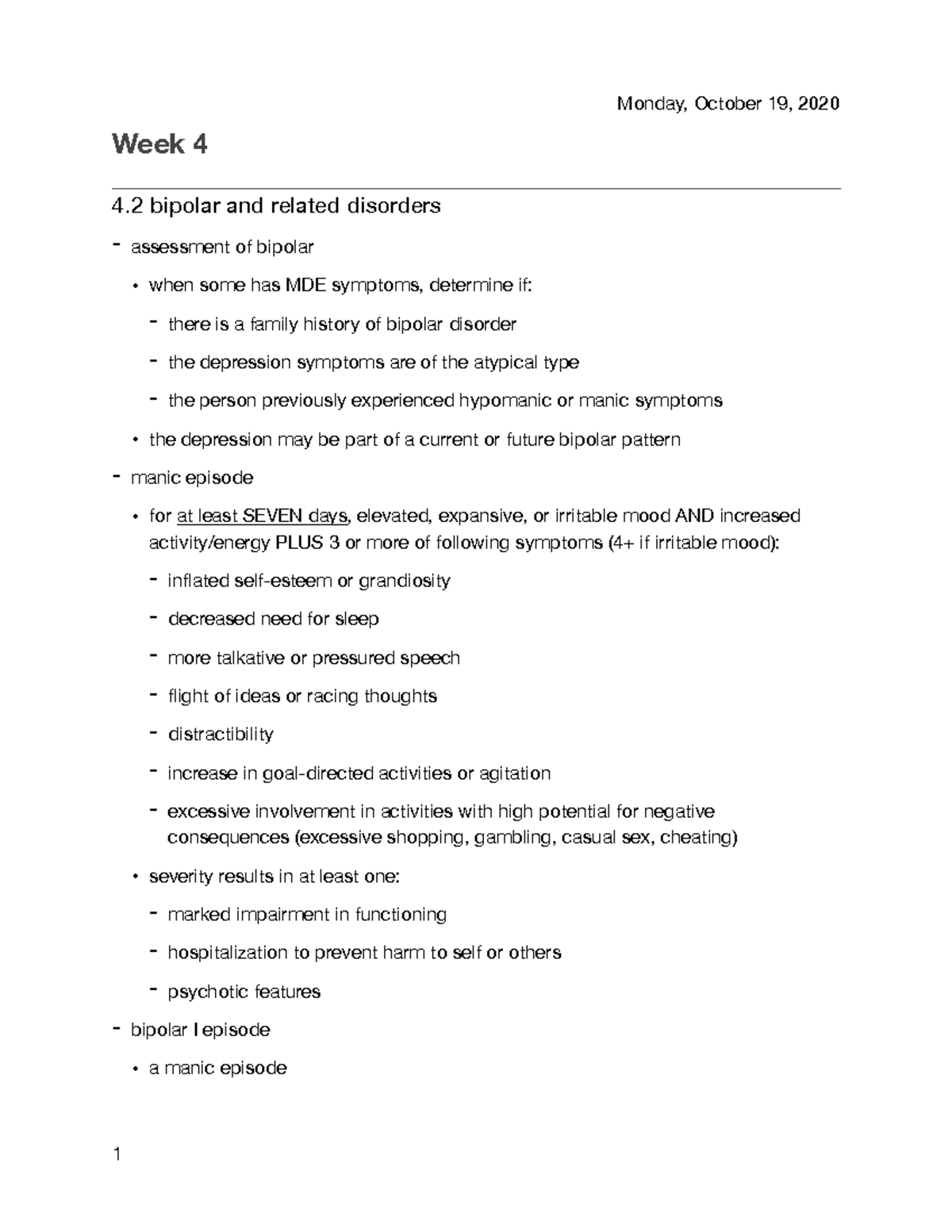 600 week 4 - lecture notes - Week 4 4 bipolar and related disorders ...