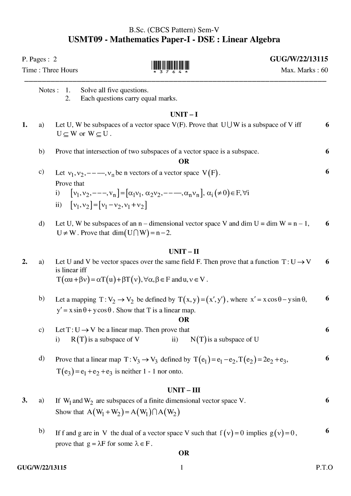 13115 - Year - B.Sc. (CBCS Pattern) Sem-V Subject - USMT09 ...