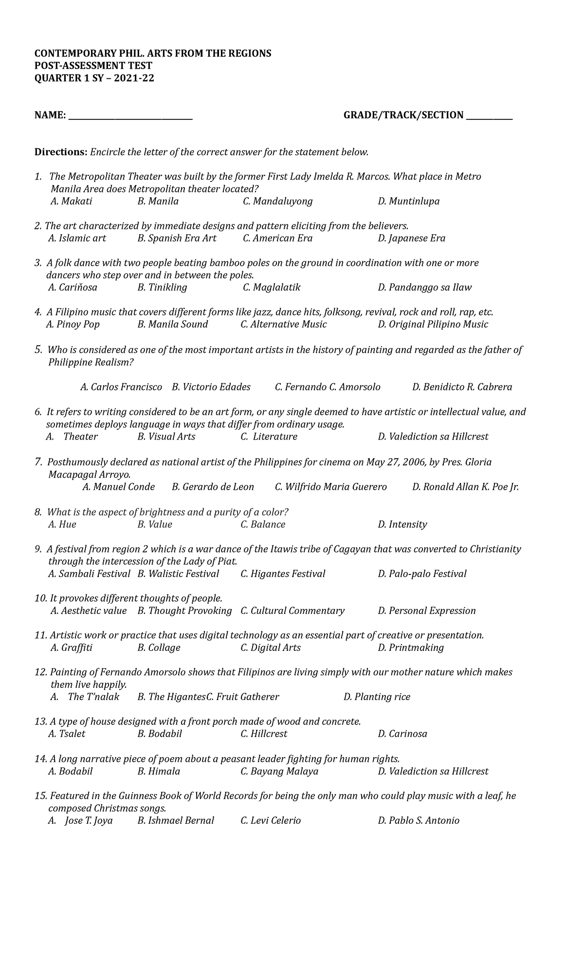 CPAR, Quarter 1-Post Assessment Test - CONTEMPORARY PHIL. ARTS FROM THE ...