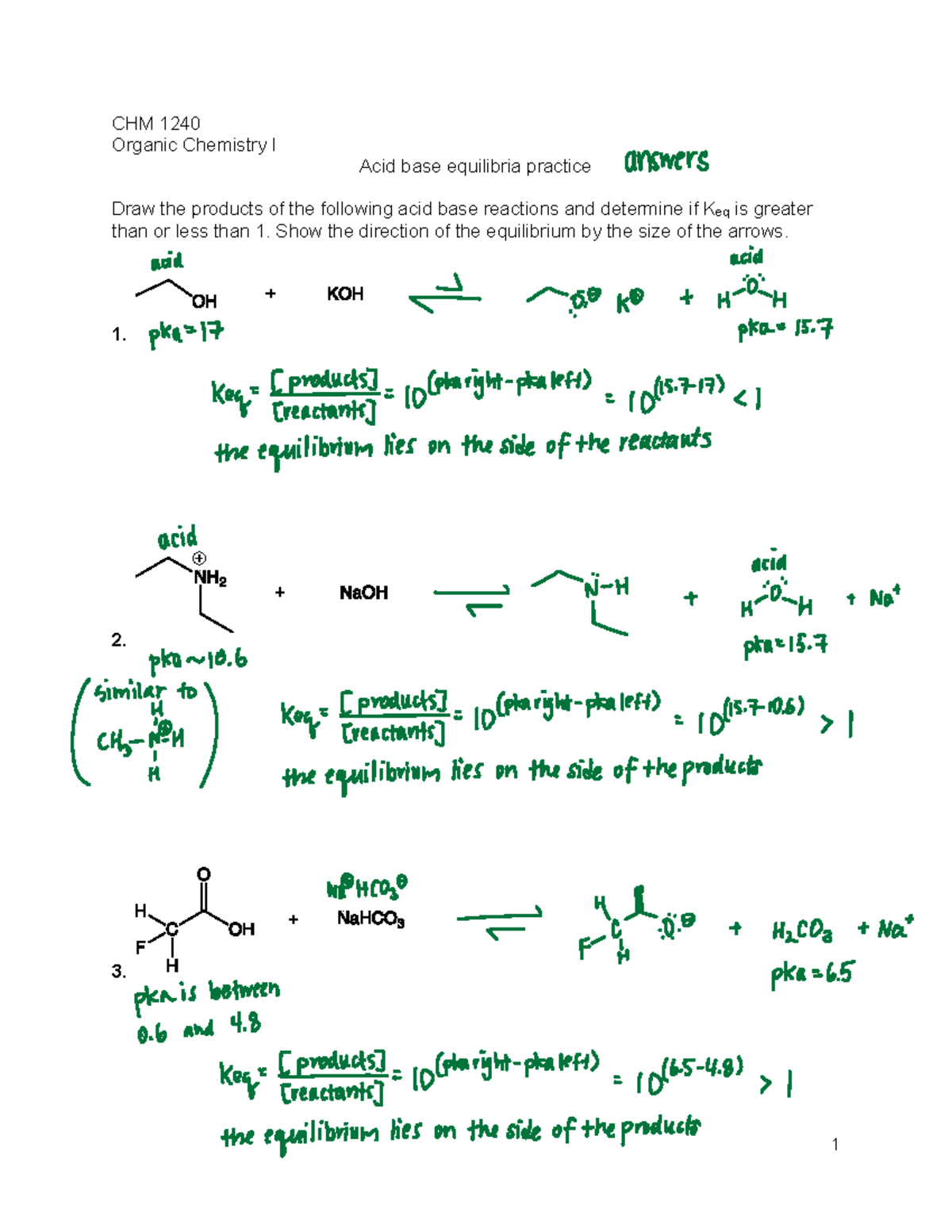 Ch 4 Acid Base Equilibria Practice Key - 1 CHM 1240 Organic Chemistry I ...