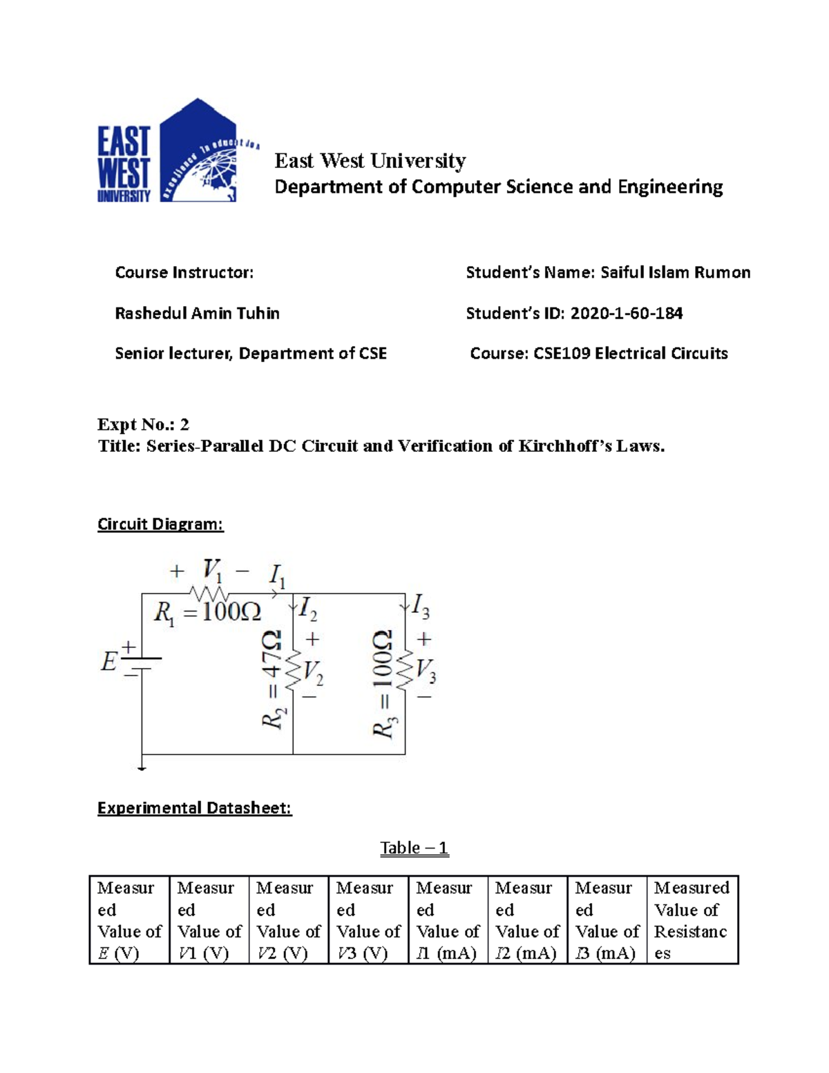 Lab2 report - Expt No.: 2 Title: Series-Parallel DC Circuit and ...