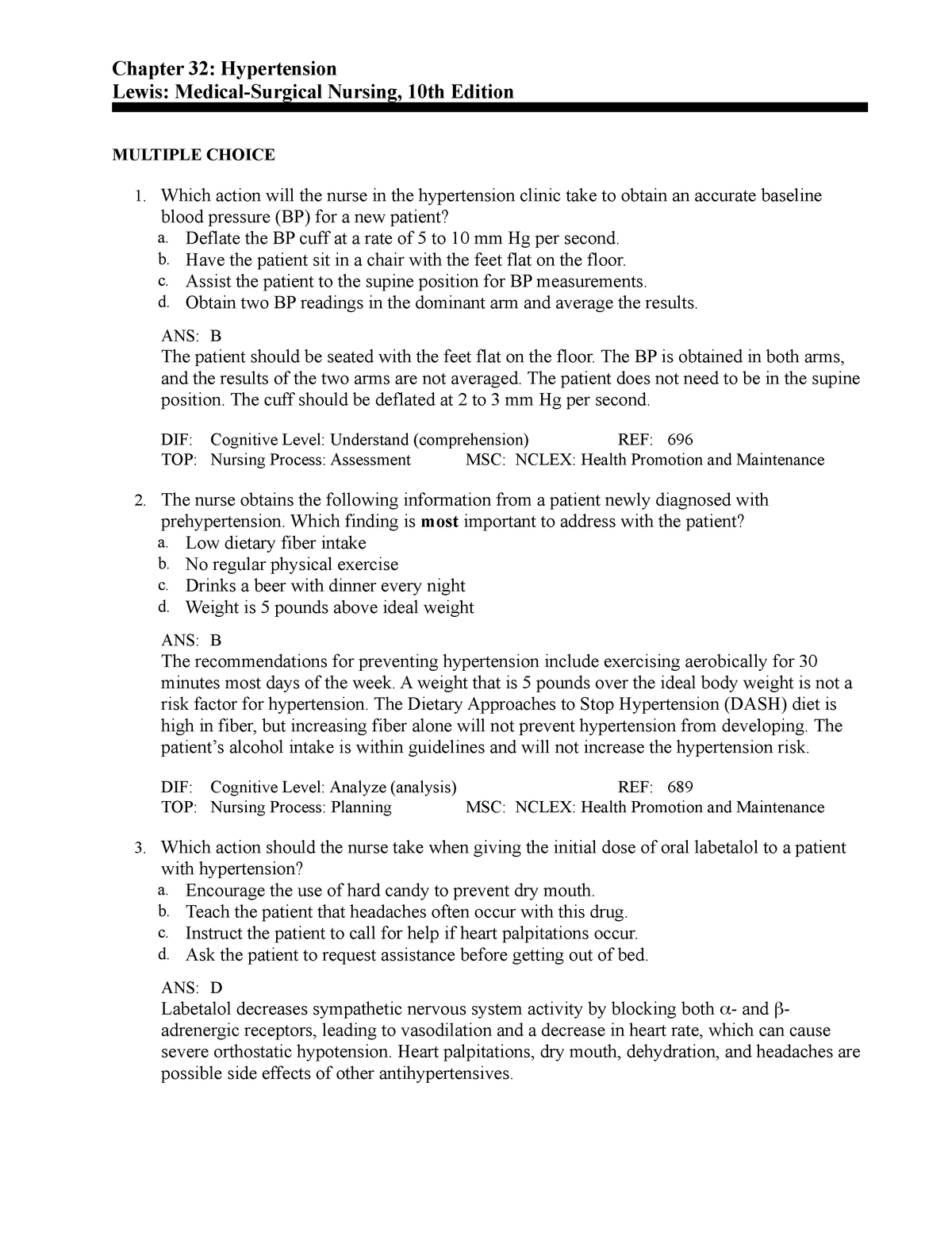 C32 Ch 32 Test Bank Chapter 32 Hypertension Lewis Medical Surgical Nursing 10th Edition 3454