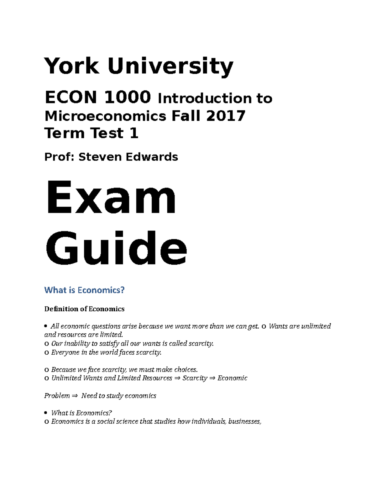 Econ final notes - York University ECON 1000 Introduction to ...